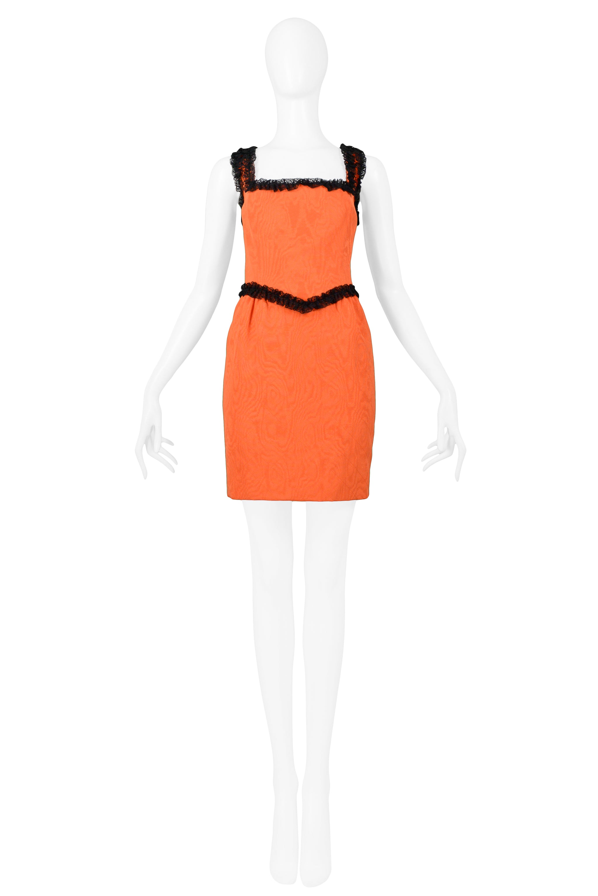 MOSCHINO COUTURE ORANGE QUILTED FAILLE WITH BLACK LACE TRIM DRESS