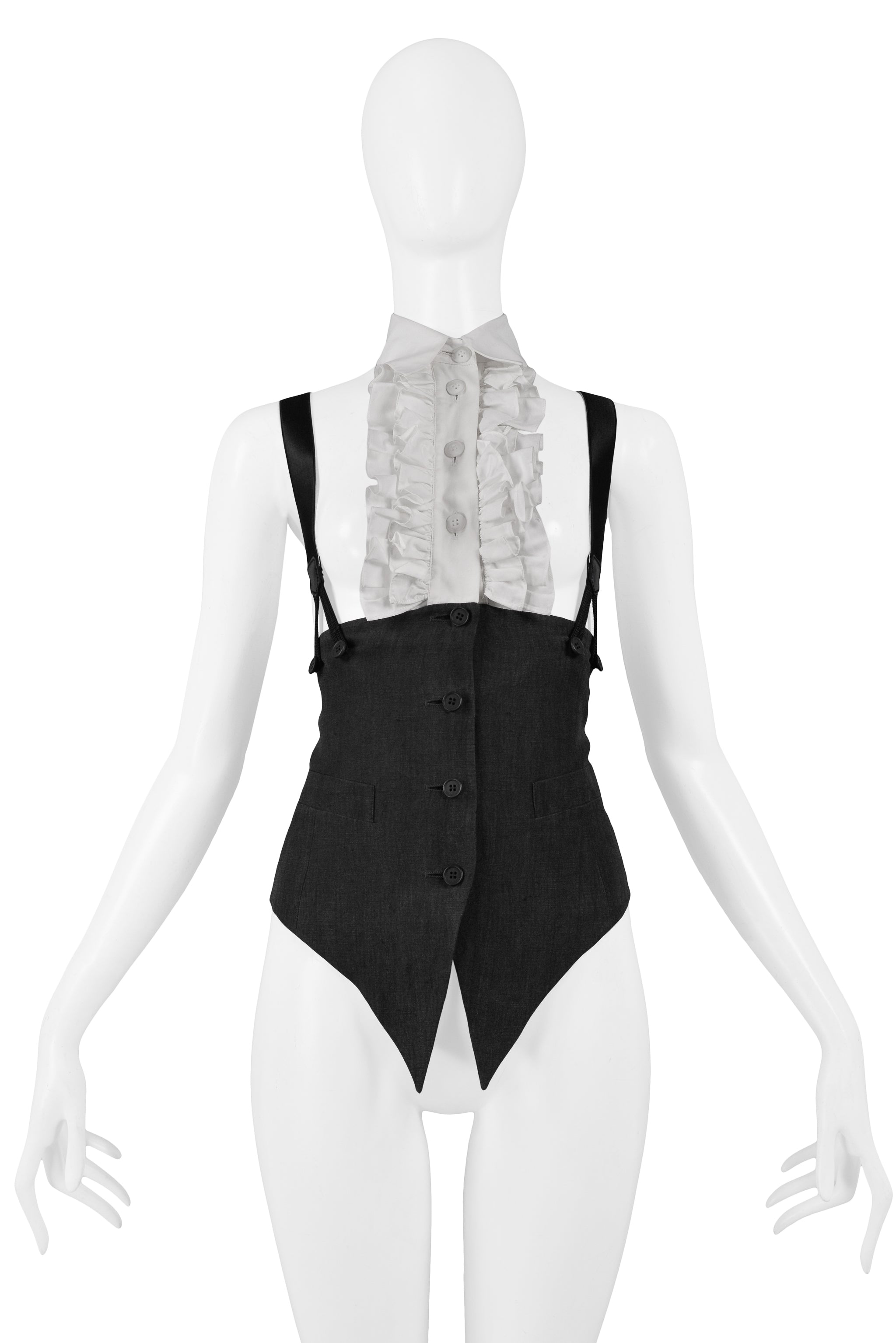 RIFAT OZBEK BLACK SUSPENDER TOP WITH ATTACHED RUFFLE & COLLAR