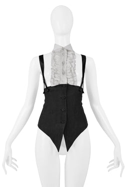 RIFAT OZBEK BLACK SUSPENDER TOP WITH ATTACHED RUFFLE & COLLAR