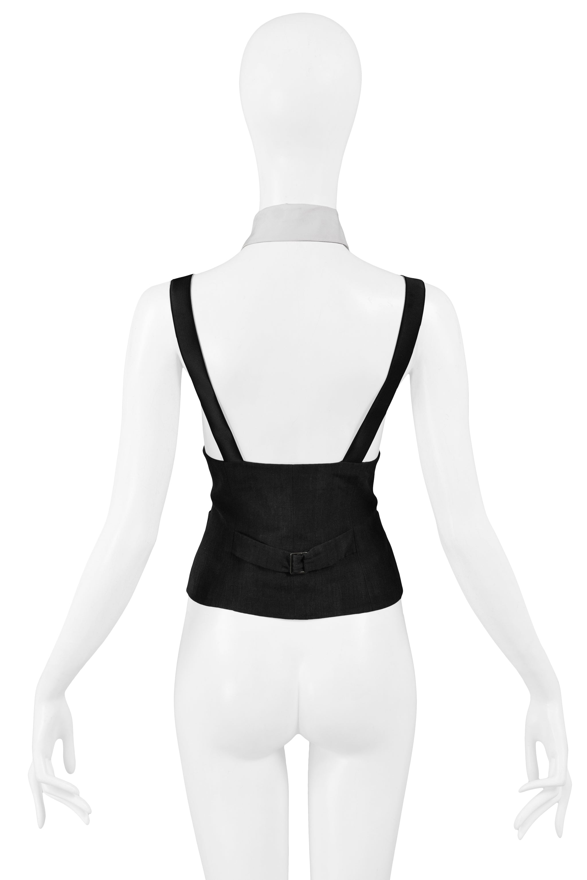 RIFAT OZBEK BLACK SUSPENDER TOP WITH ATTACHED RUFFLE & COLLAR