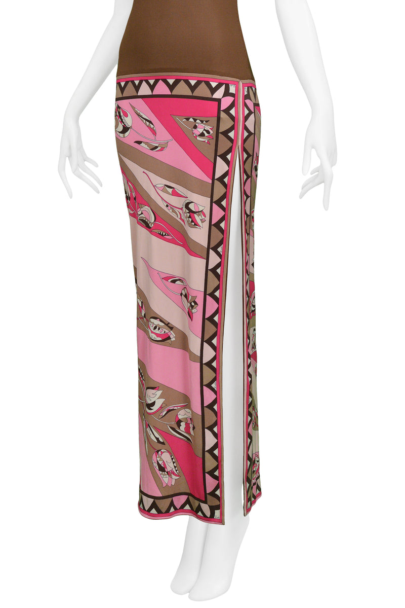PUCCI PINK & BROWN SILK JERSEY GOWN ABSTRACT PRINT