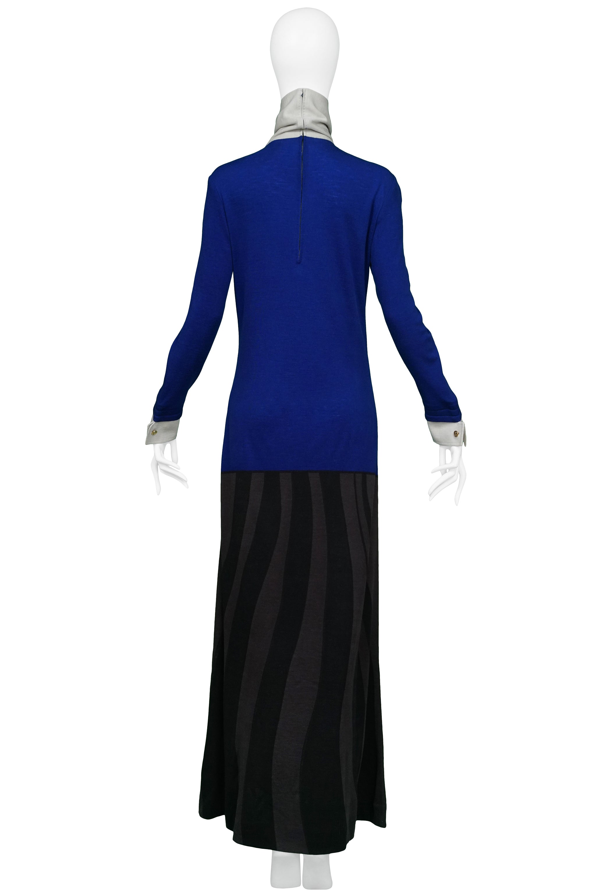 ROBERTA DI CAMERINO TROMPE BLUE AND GREY BLACK BOW MAXI DRESS