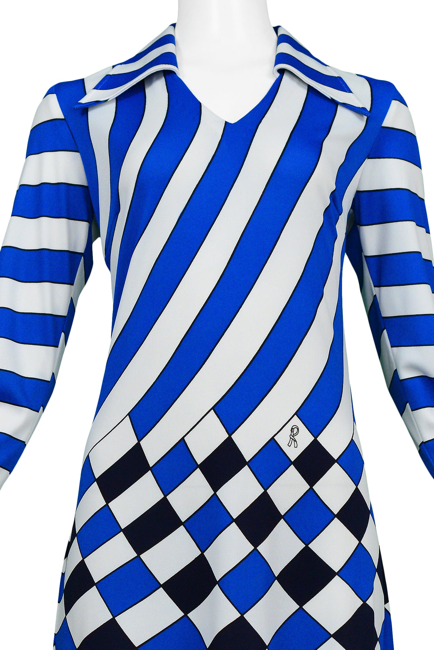 ROBERTA DI CAMERINO TROMPE L'OEIL BLUE, WHITE & BLACK CHECK MAXI DRESS