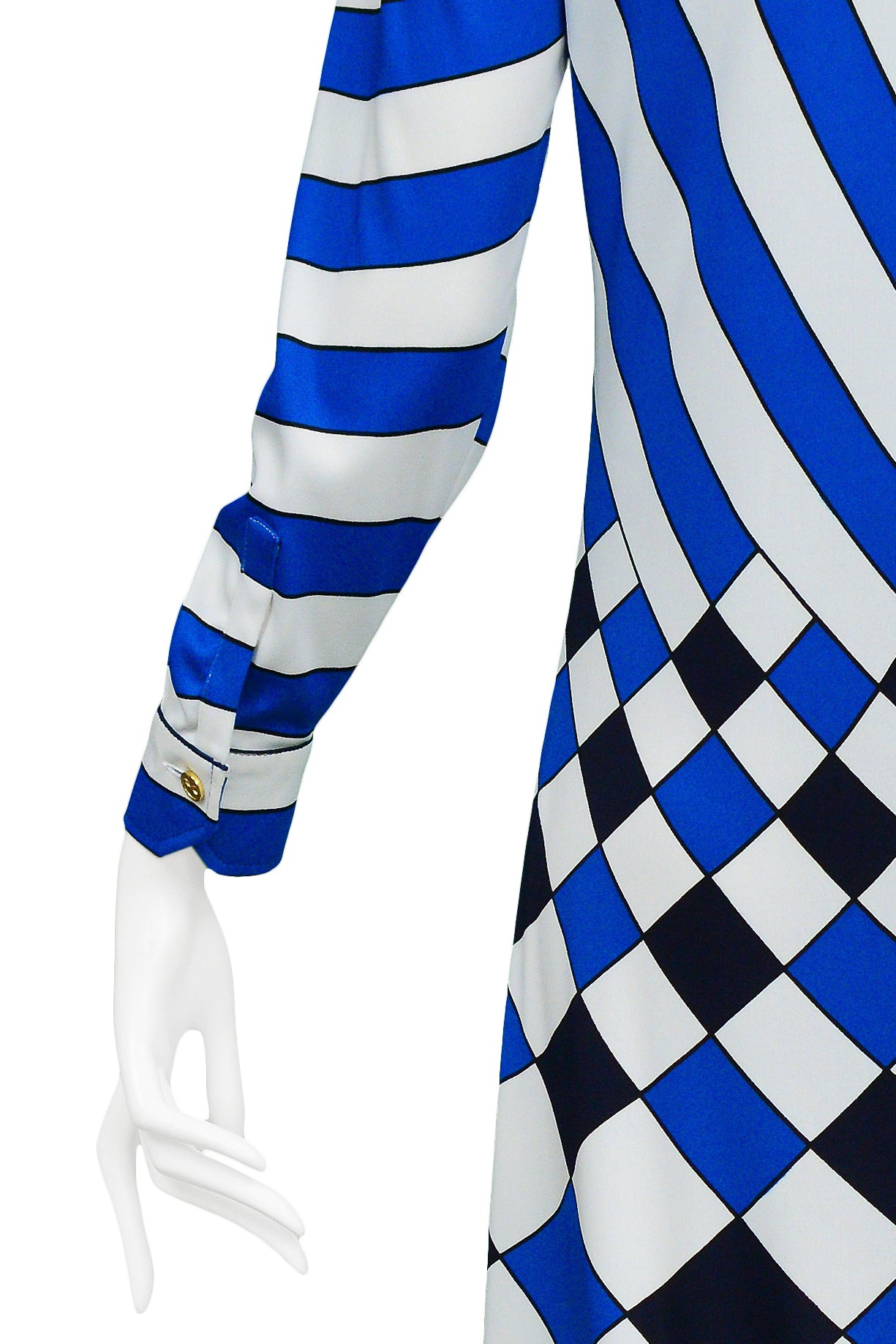 ROBERTA DI CAMERINO TROMPE L'OEIL BLUE, WHITE & BLACK CHECK MAXI DRESS
