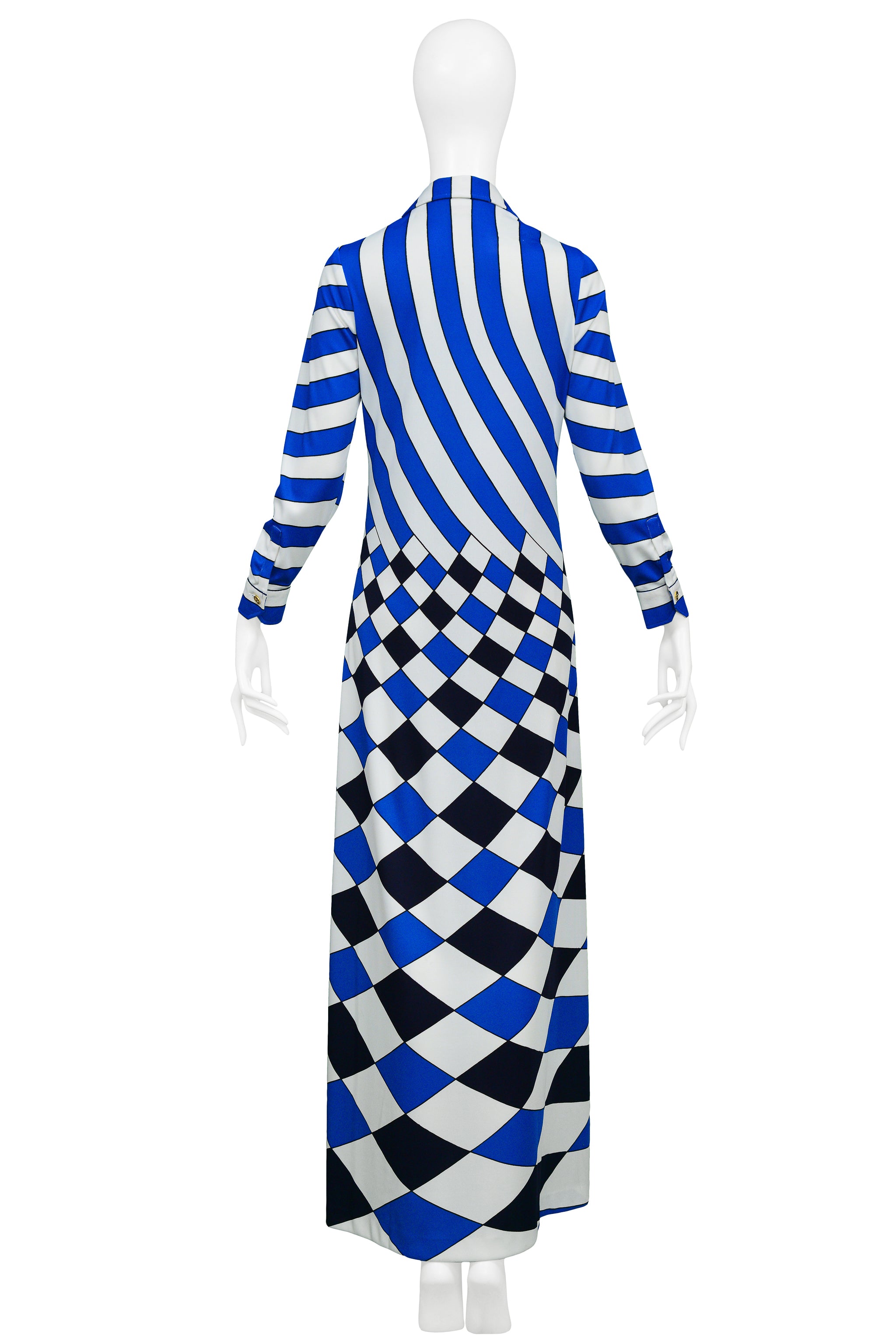 ROBERTA DI CAMERINO TROMPE L'OEIL BLUE, WHITE & BLACK CHECK MAXI DRESS