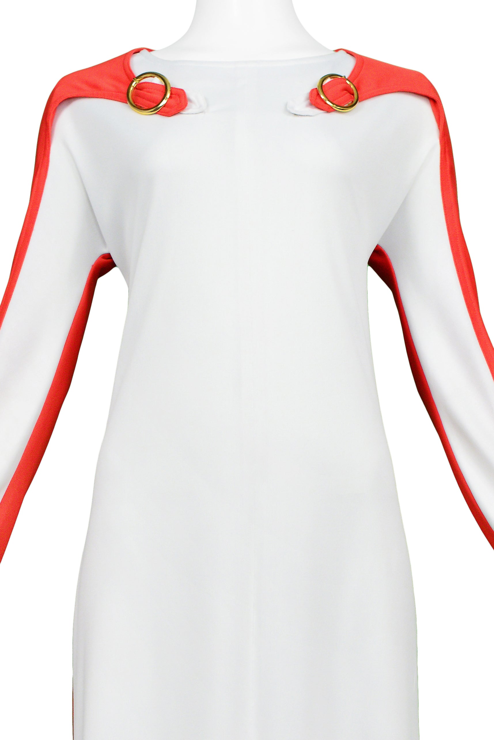 ROBERTA DI CAMERINO TROMPE L'OEIL WHITE & RED BUCKLE MAXI DRESS