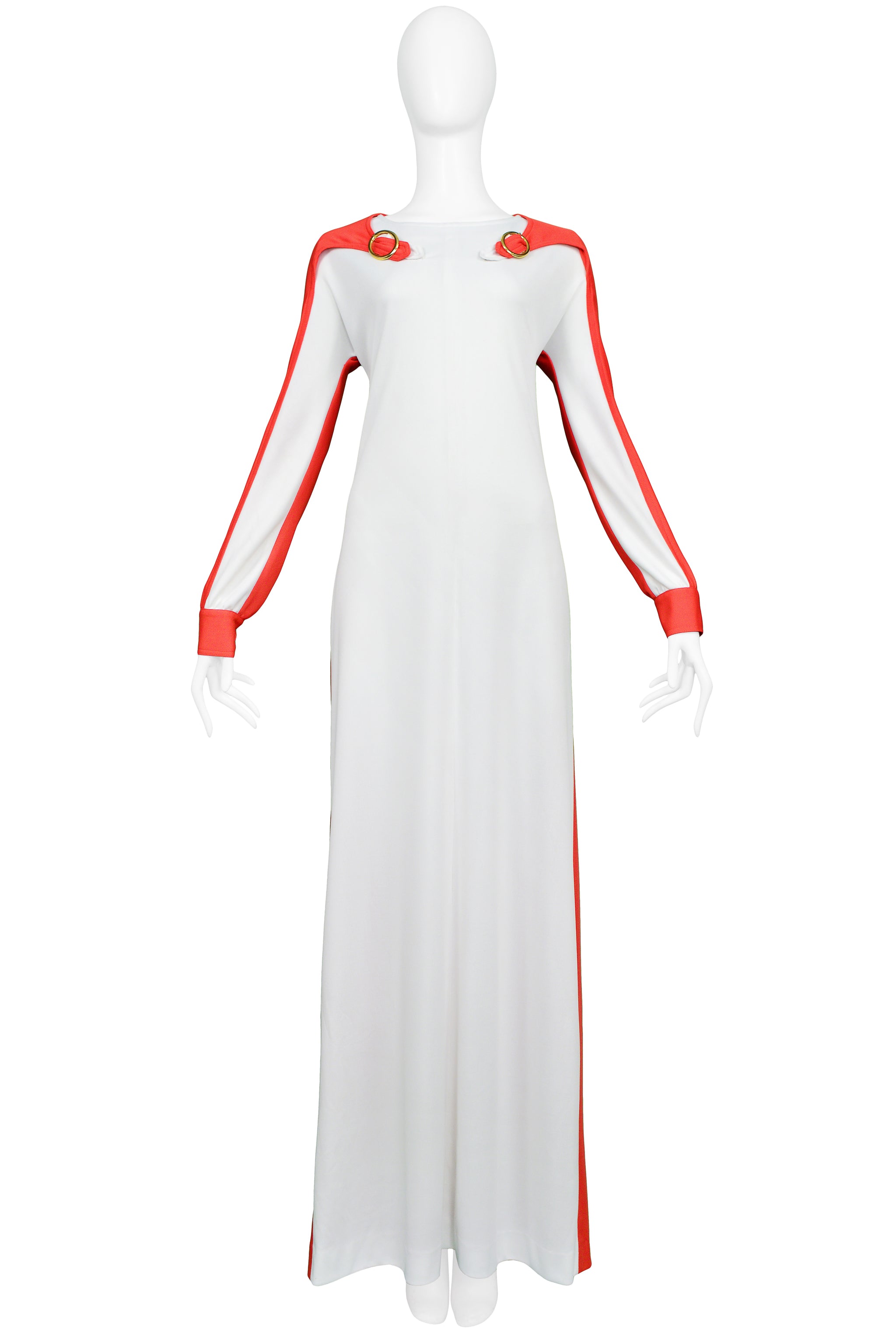 ROBERTA DI CAMERINO TROMPE L'OEIL WHITE & RED BUCKLE MAXI DRESS