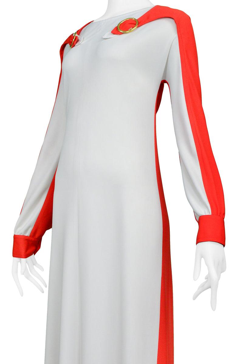 ROBERTA DI CAMERINO TROMPE L'OEIL WHITE &amp; RED BUCKLE MAXI DRESS