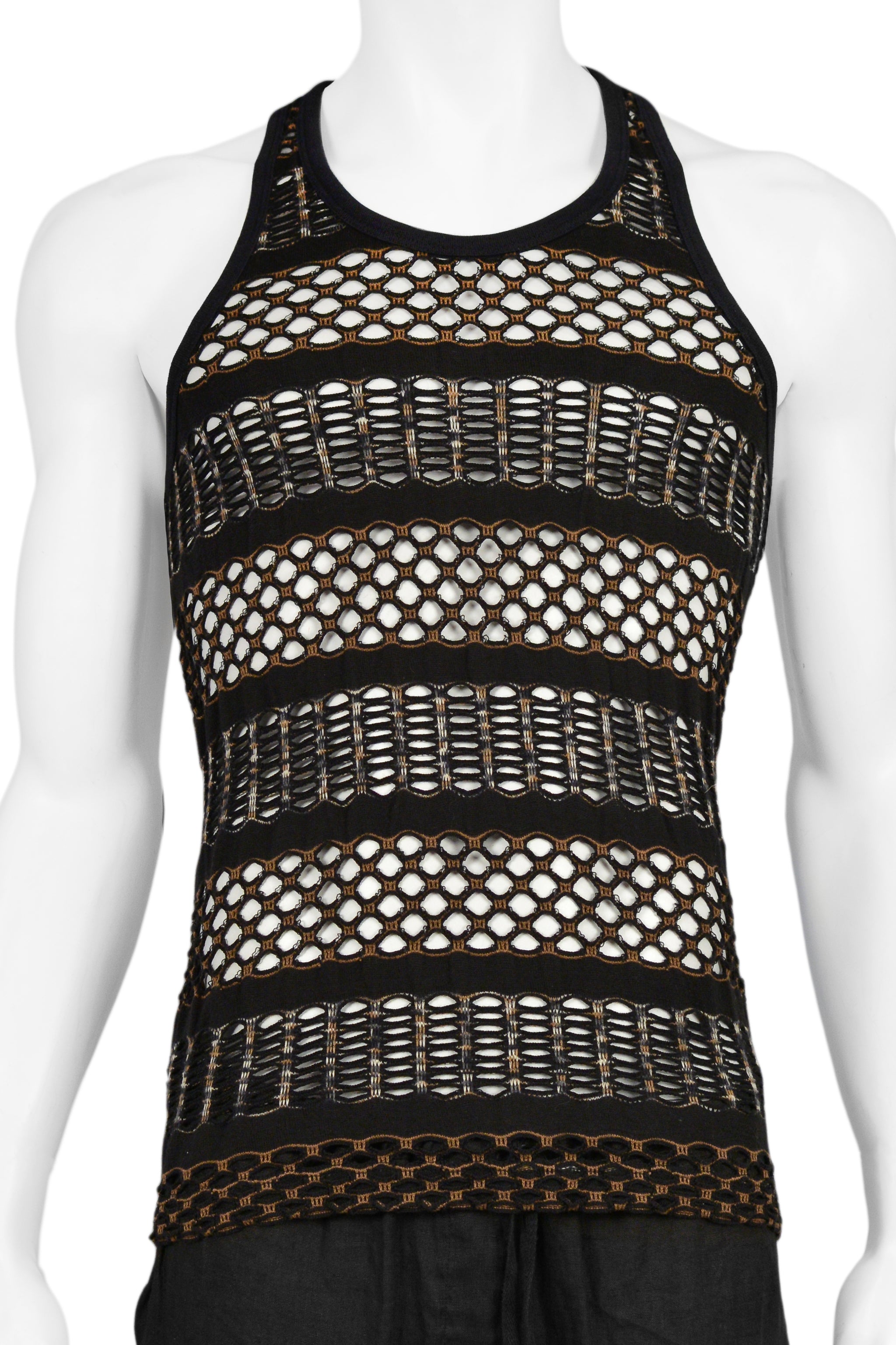 RAF SIMONS BLACK & BROWN OPEN WEAVE TANK 2006