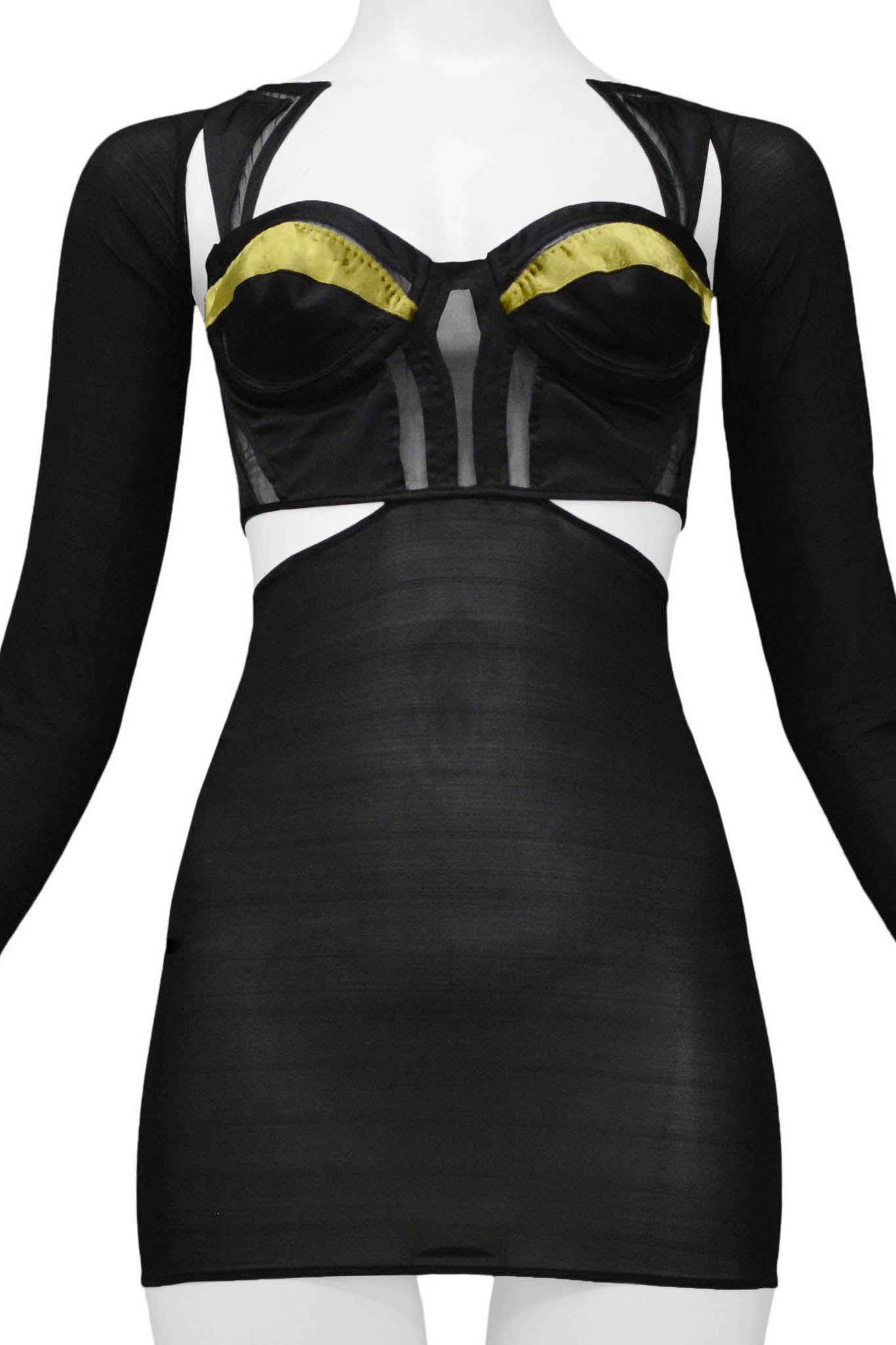 GUCCI BLACK CUT OUT TOP WITH SHEER SLEEVES & GOLD VELVET DETAIL ON CUPS 2005