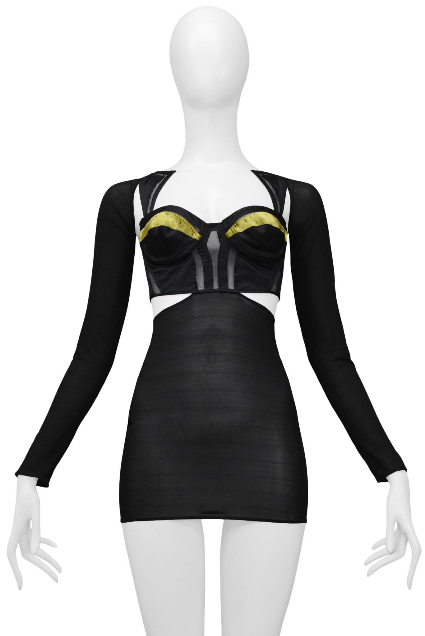 GUCCI BLACK CUT OUT TOP WITH SHEER SLEEVES & GOLD VELVET DETAIL ON CUPS 2005