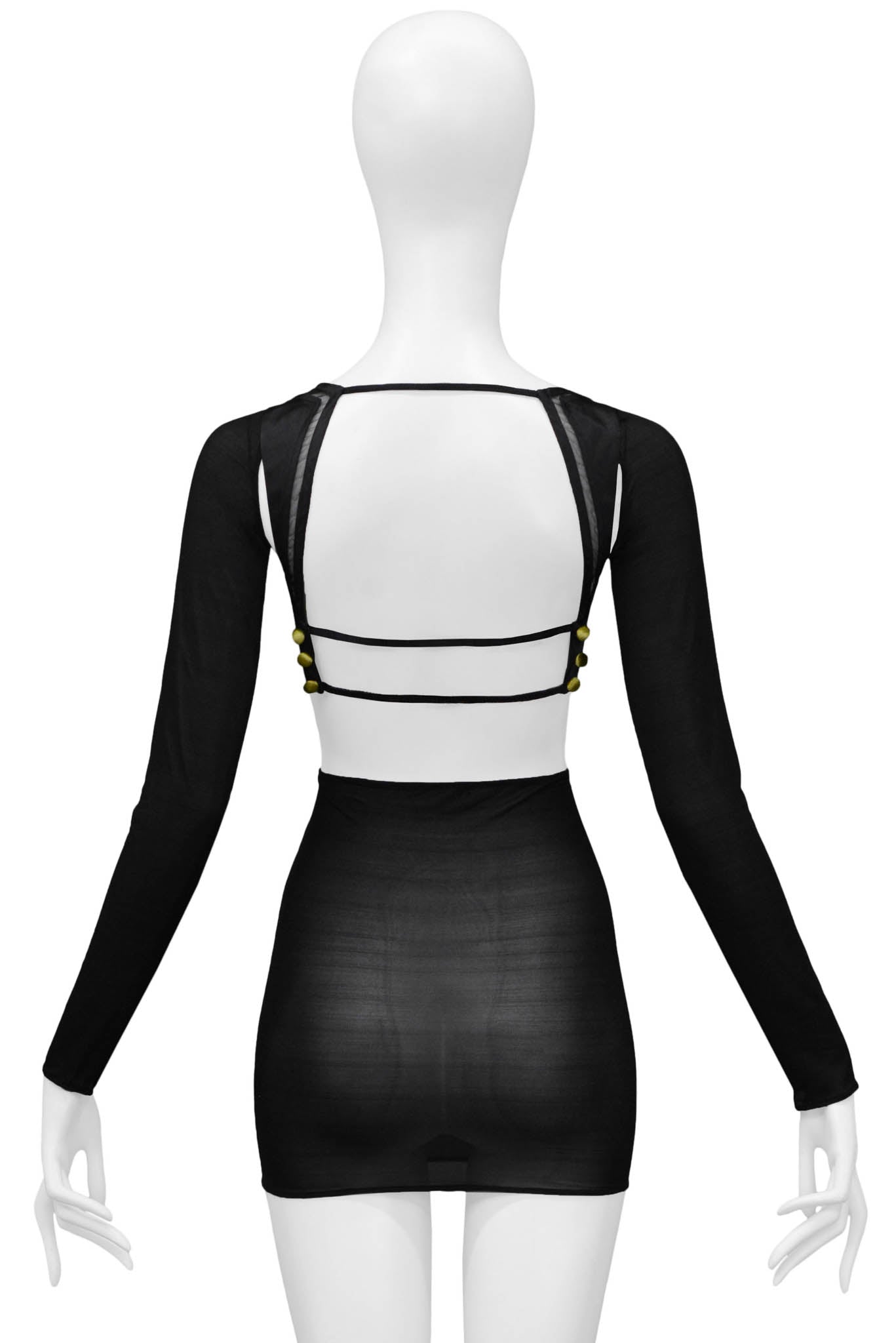 GUCCI BLACK CUT OUT TOP WITH SHEER SLEEVES & GOLD VELVET DETAIL ON CUPS 2005