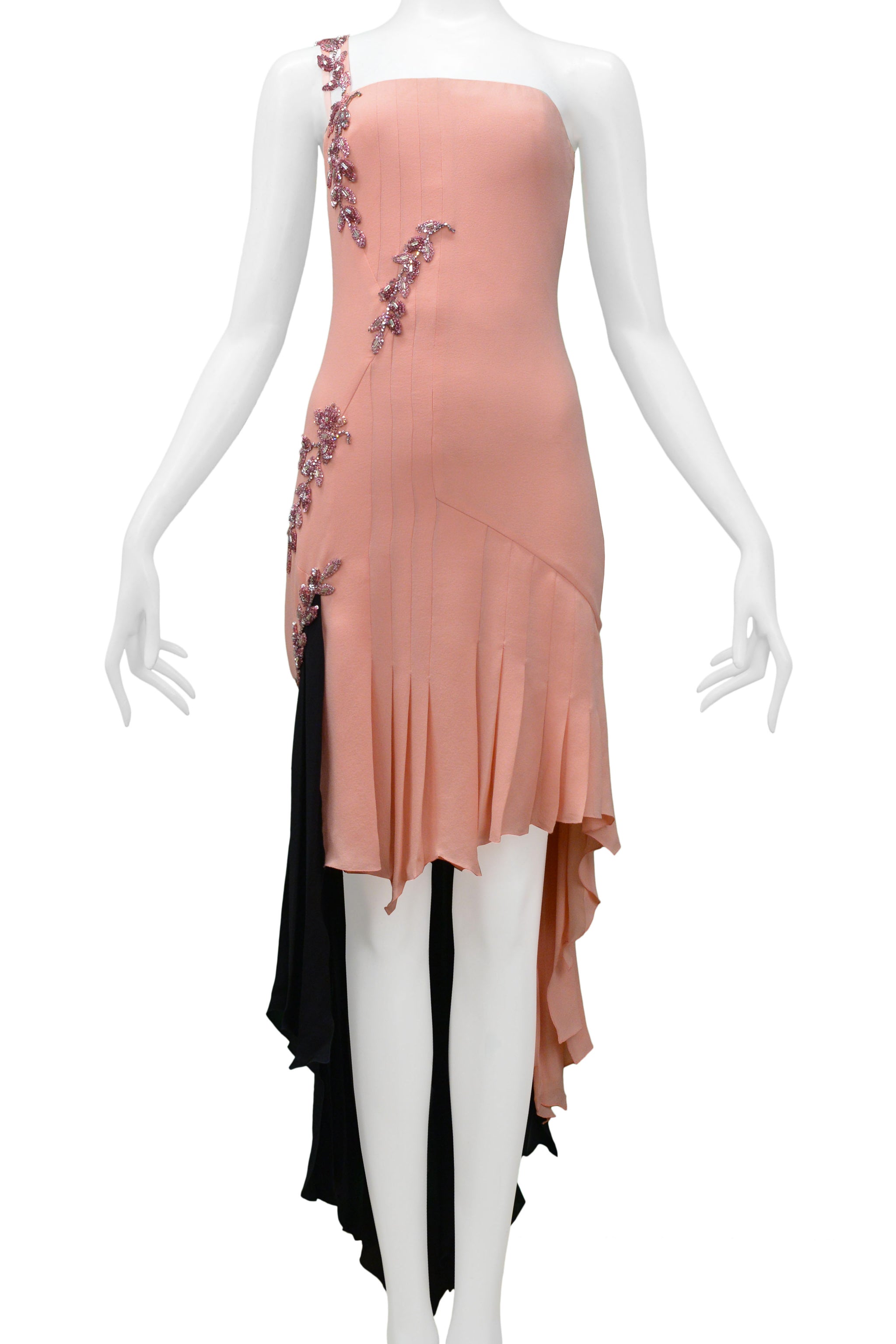 VERSACE COUTURE PINK & BLACK BEADED DRESS WITH RHINESTONES c. 1997