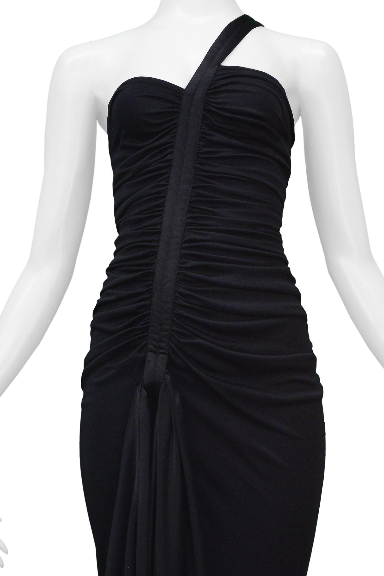 VERSACE BLACK GATHERED DRESS WITH ASYMMETRICAL SHOULDER STRAP