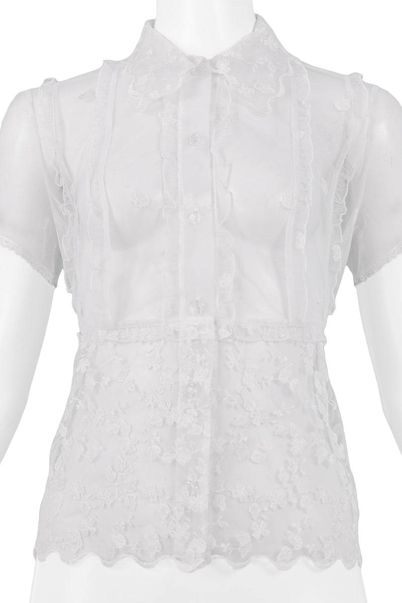VERSACE WHITE FLORAL LACE SHORT SLEEVE SHIRT