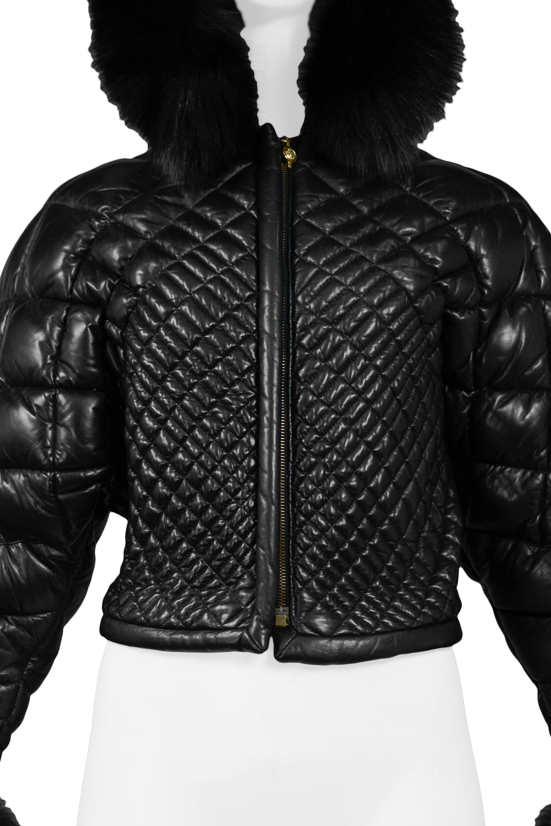 VERSACE BLACK LEATHER & FUR PUFFER JACKET 1992