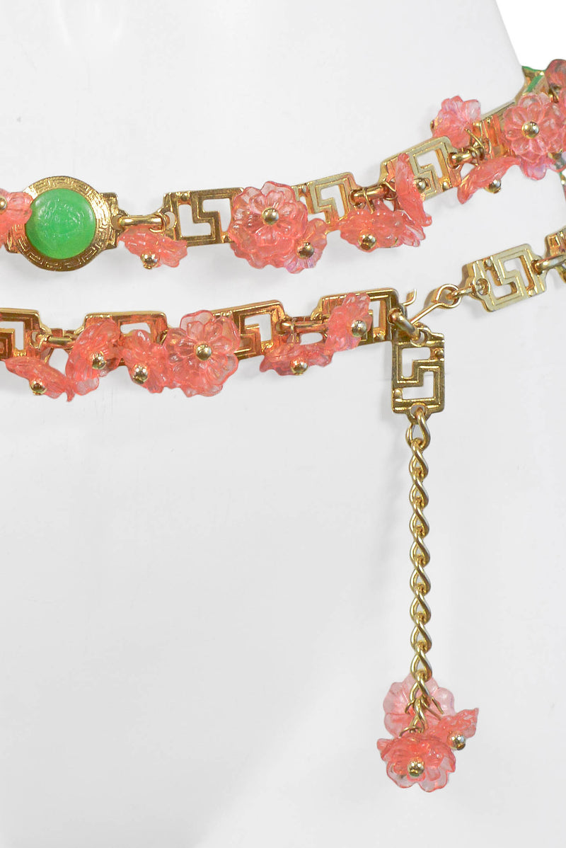 VERSACE ACRYLIC PINK FLORAL & GOLD GRECO BELT 1990S