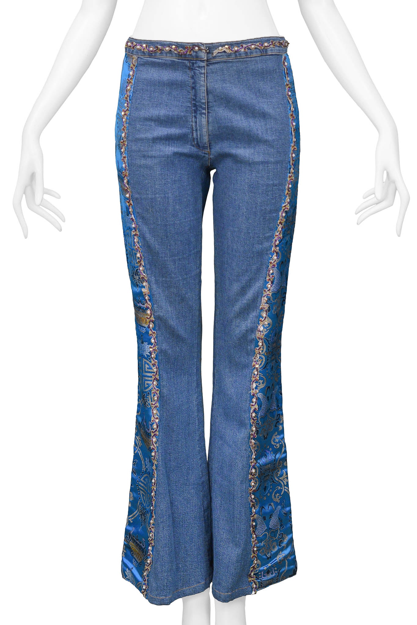 VOYAGE DENIM JEANS WITH CHINESE SILK SATIN BROCADE INSETS