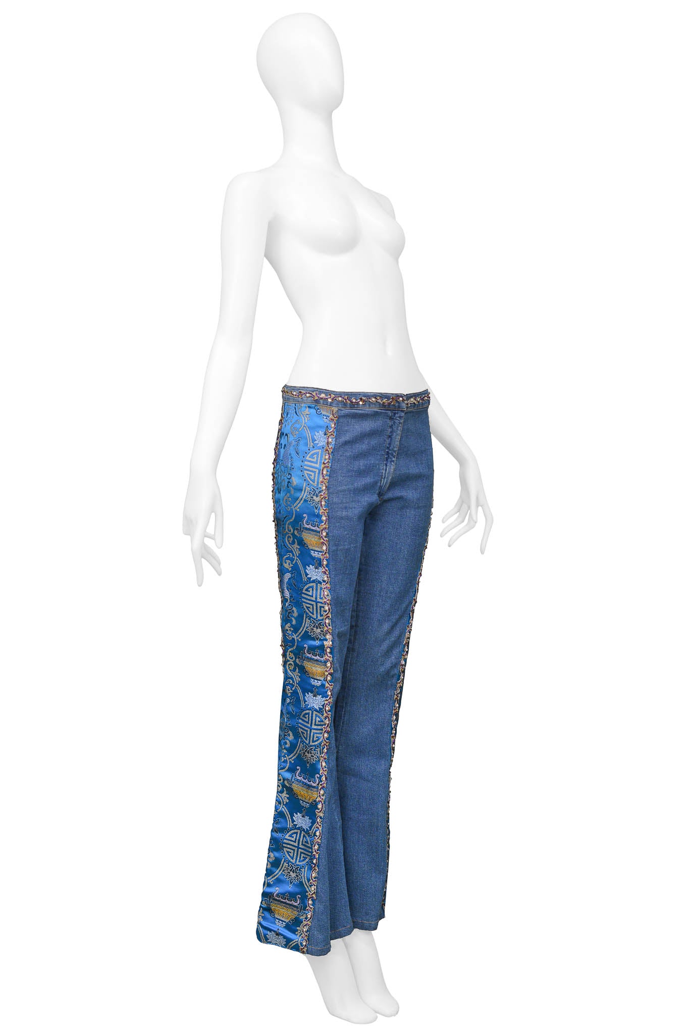 VOYAGE DENIM JEANS WITH CHINESE SILK SATIN BROCADE INSETS