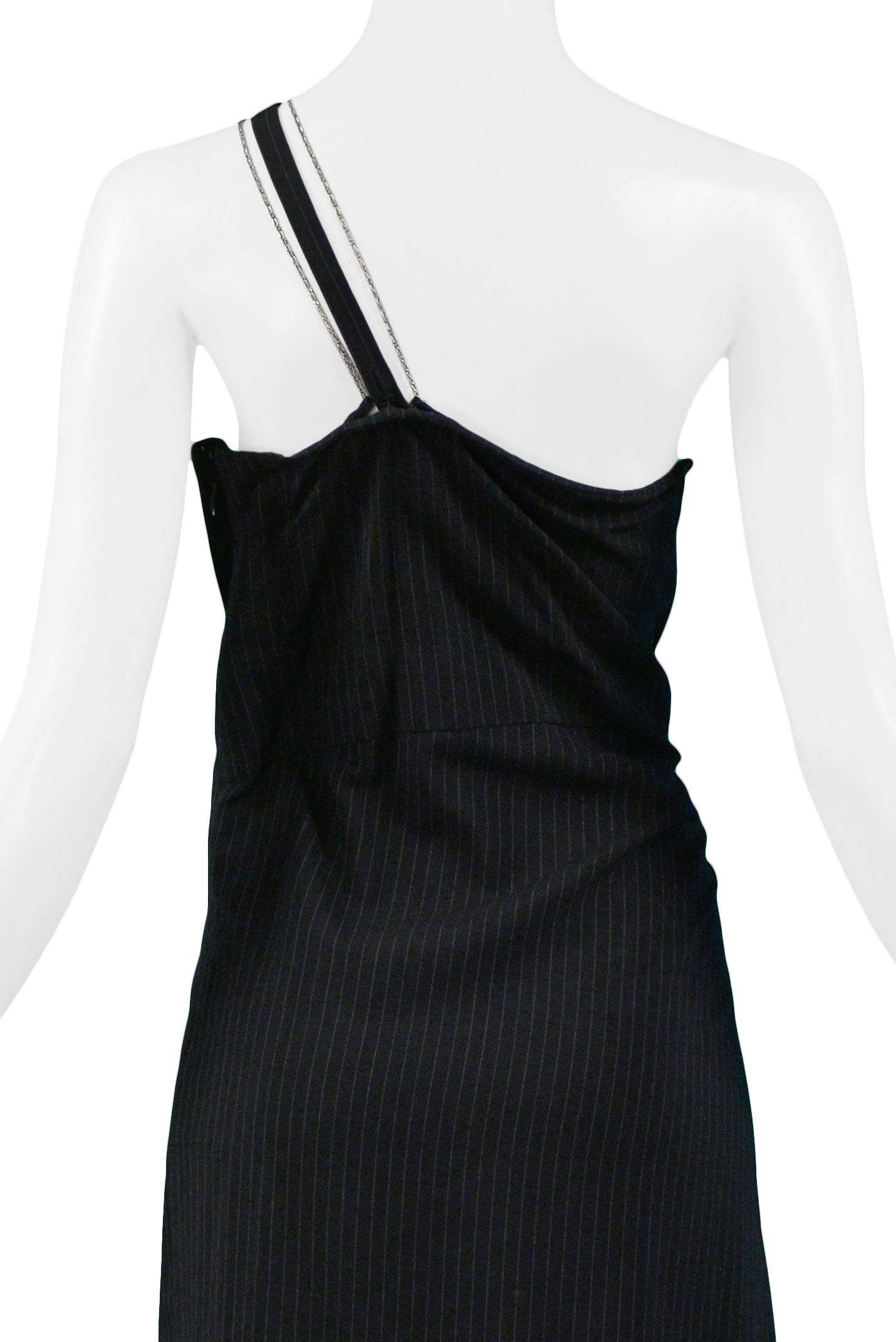 YOHJI BLACK PINSTRIPE GATHERED BUST DRESS WITH CHAIN STRAP