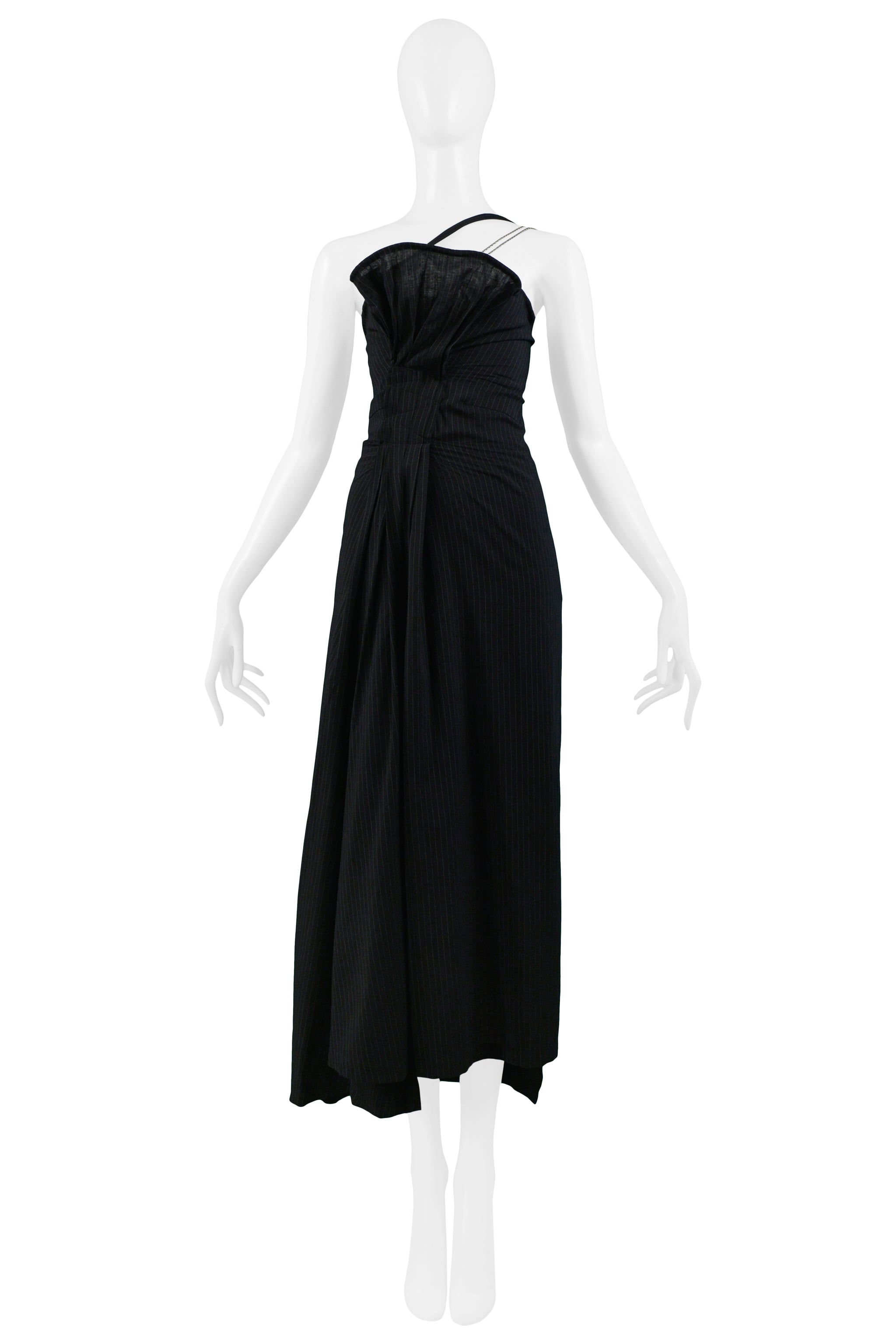 YOHJI BLACK PINSTRIPE GATHERED BUST DRESS WITH CHAIN STRAP