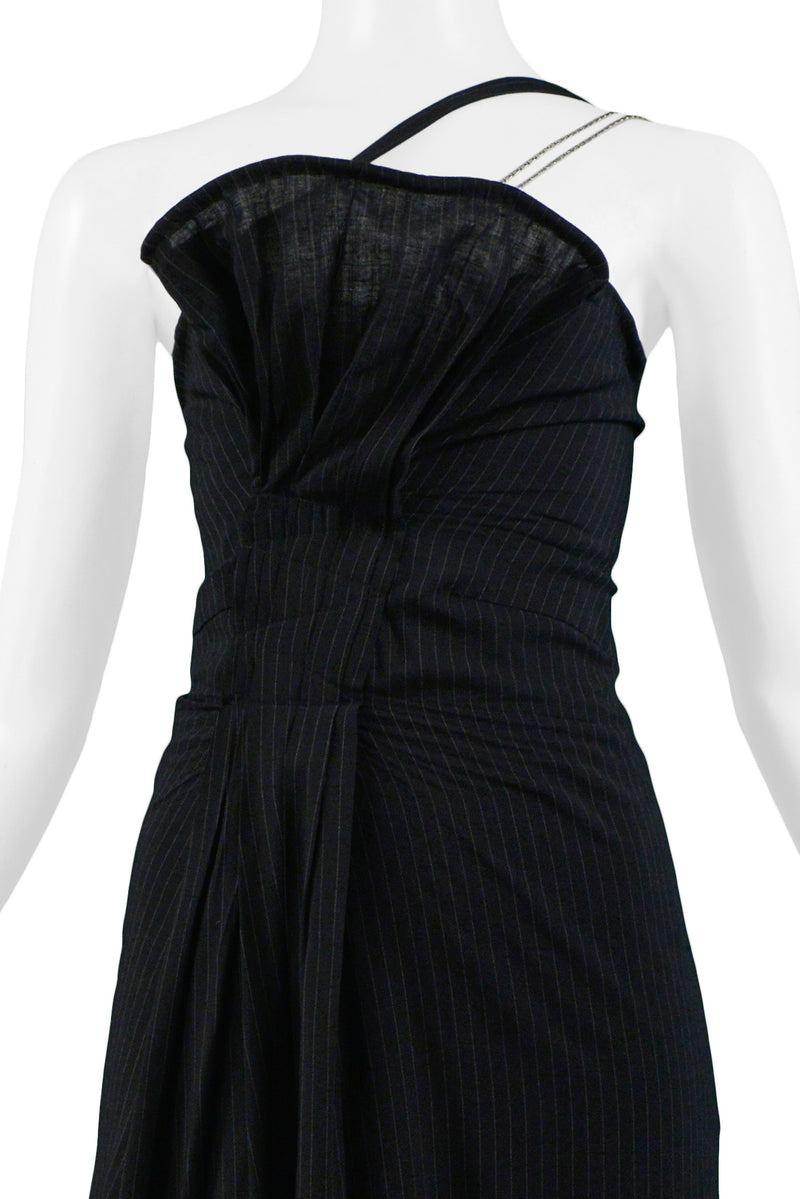 YOHJI BLACK PINSTRIPE GATHERED BUST DRESS WITH CHAIN STRAP