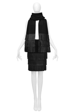 YVES SAINT LAURENT YSL BLACK KNIT SCARF AND SKIRT WITH LEATHER FRINGE