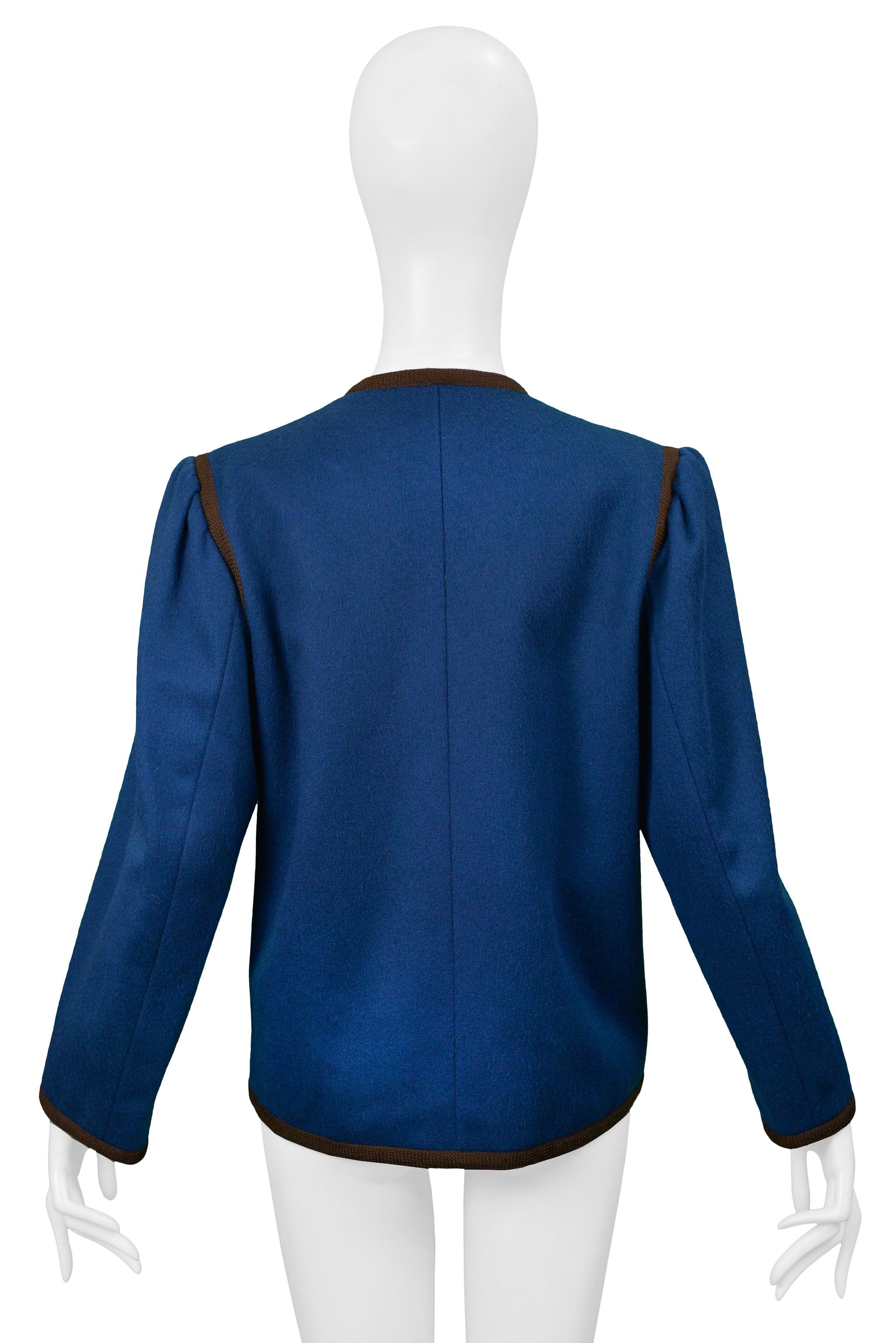 YVES SAINT LAURENT YSL BLUE WOOL CROPPED JACKET WITH BROWN TRIM