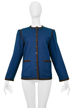 YVES SAINT LAURENT YSL BLUE WOOL CROPPED JACKET WITH BROWN TRIM
