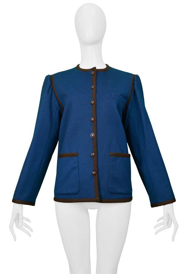 YVES SAINT LAURENT YSL BLUE WOOL CROPPED JACKET WITH BROWN TRIM
