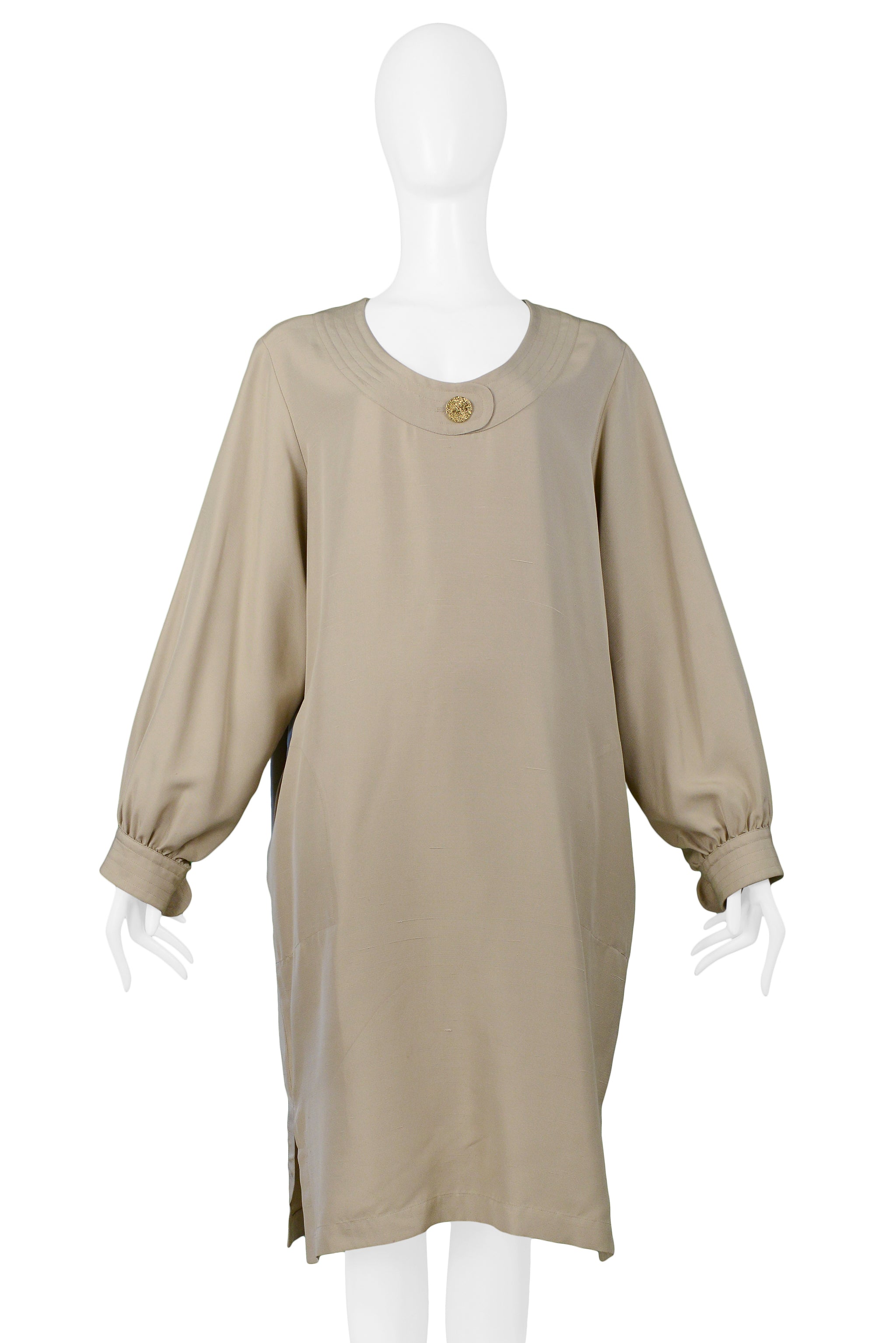YVES SAINT LAURENT YSL KHAKI SACK DRESS WITH GOLD BUTTONS