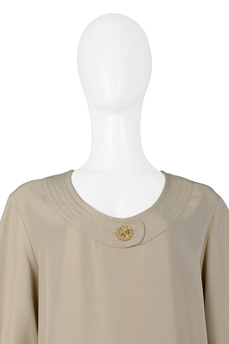 YVES SAINT LAURENT YSL KHAKI SACK DRESS WITH GOLD BUTTONS
