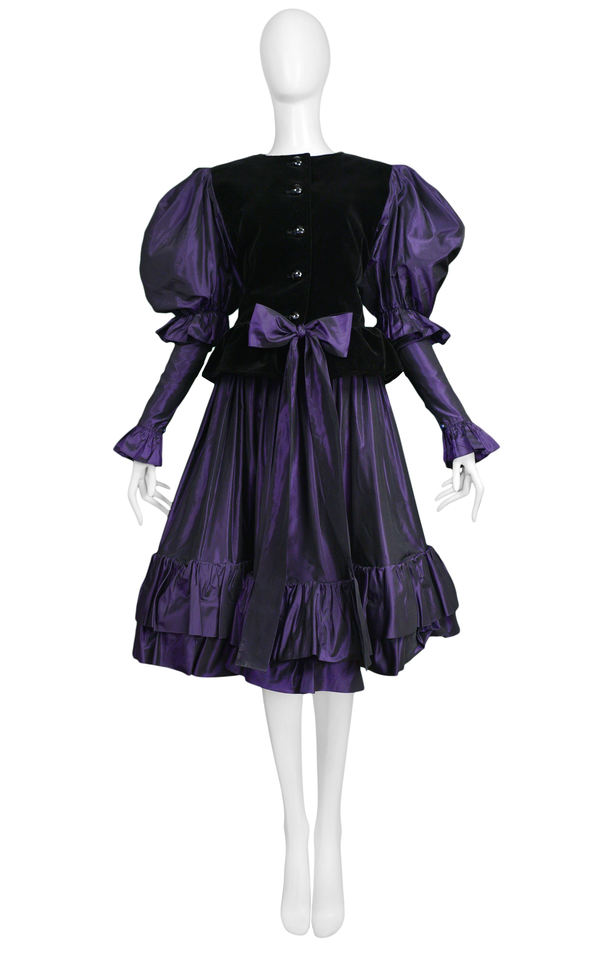 YVES SAINT LAURENT YSL BLACK VELVET & PURPLE TAFFETA ENSEMBLE 1982
