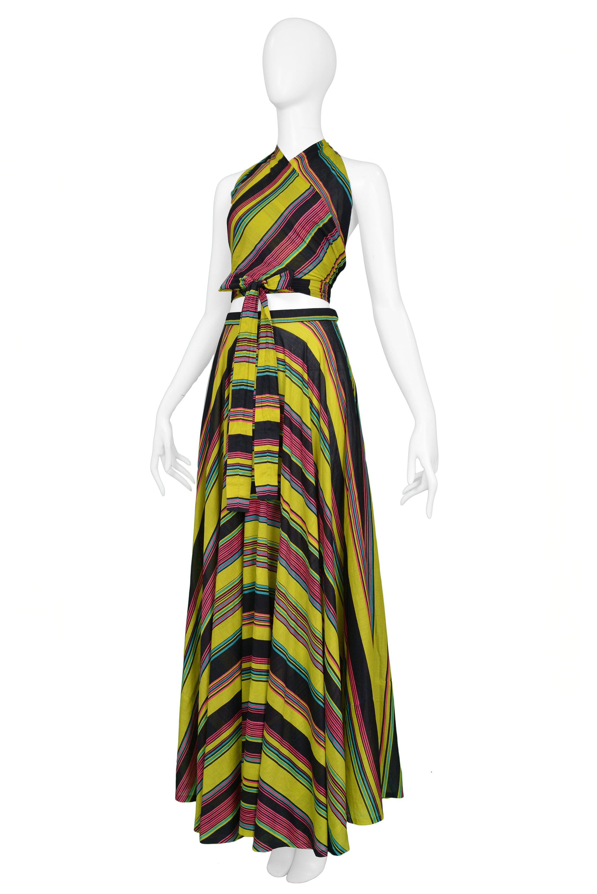 YVES SAINT LAURENT YSL CHARTREUSE STRIPE WRAP ENSEMBLE 1970S