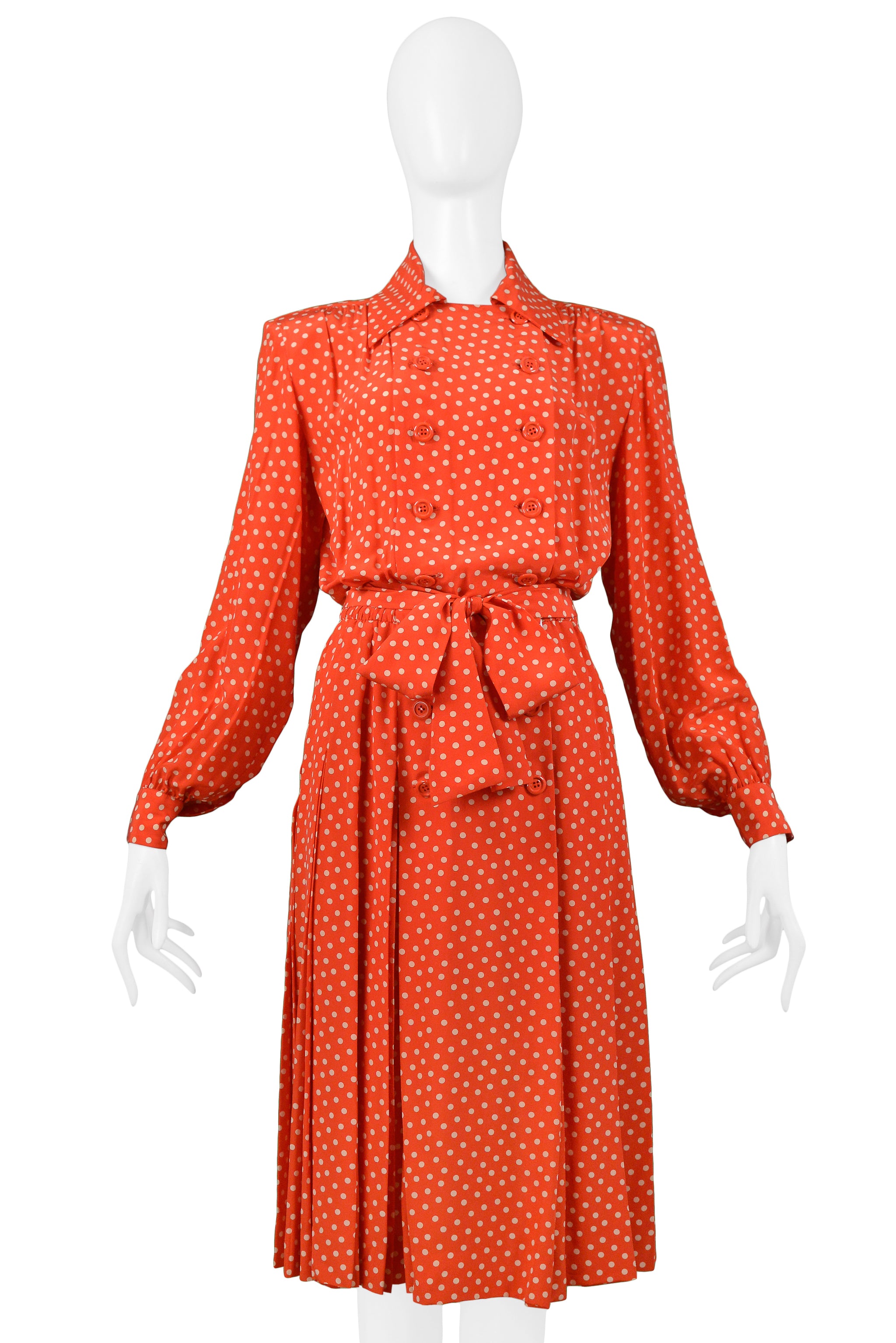 YVES SAINT LAURENT YSL RED & WHITE POLKA DOT SILK DAY DRESS