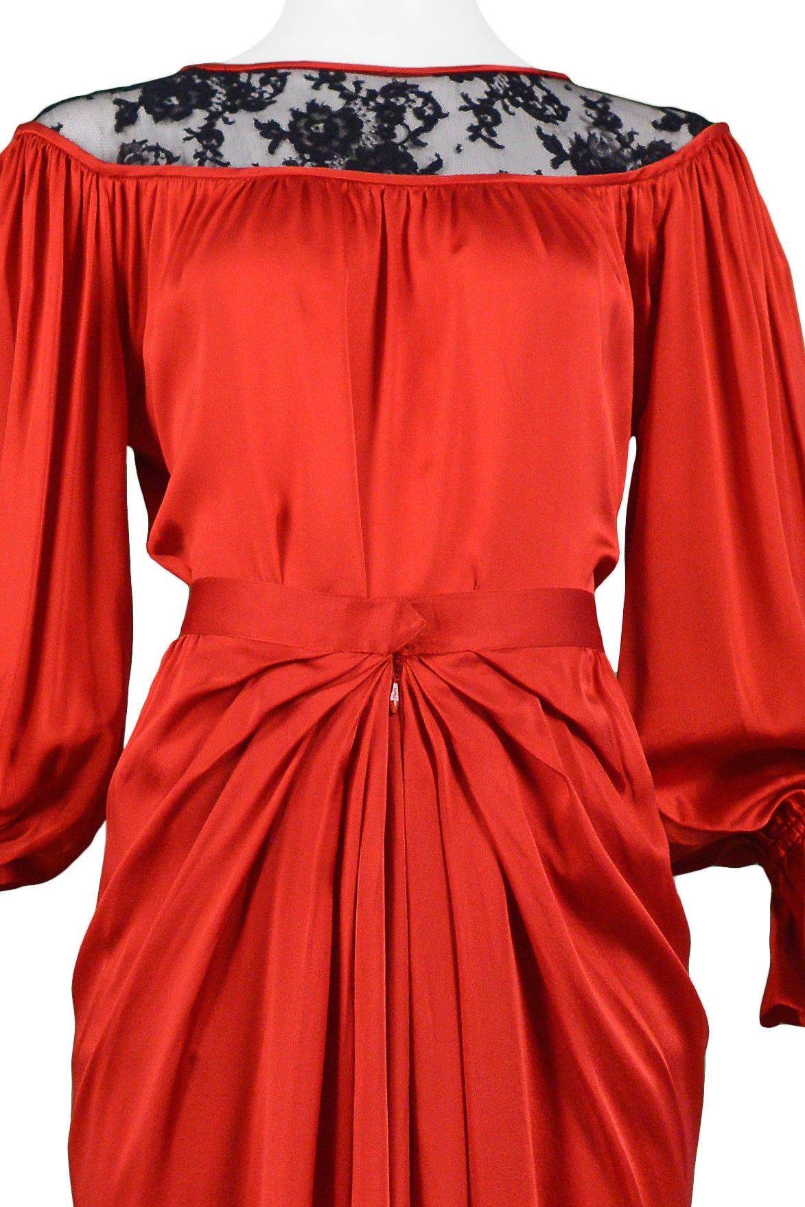 YVES SAINT LAURENT YSL RED SATIN & BLACK LACE ENSEMBLE