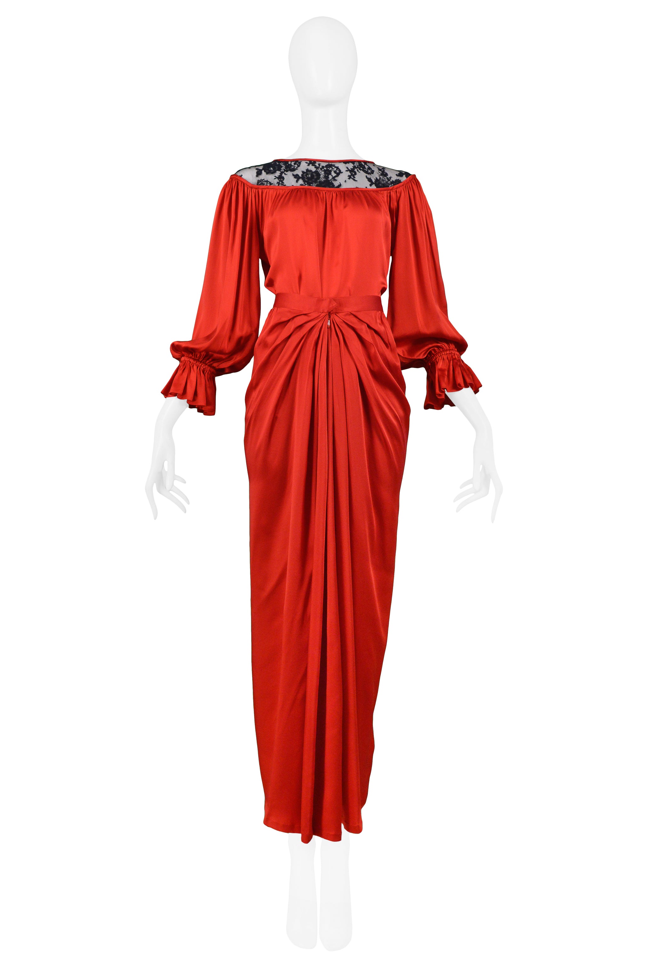 YVES SAINT LAURENT YSL RED SATIN & BLACK LACE ENSEMBLE