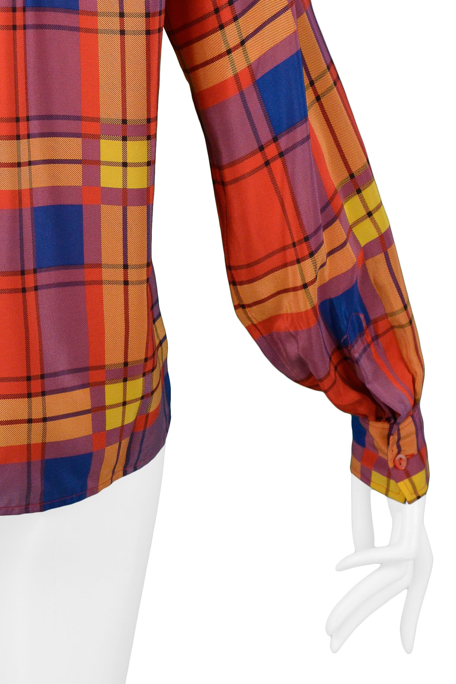 YVES SAINT LAURENT YSL MULTICOLOR PLAID SILK BLOUSE 1980s