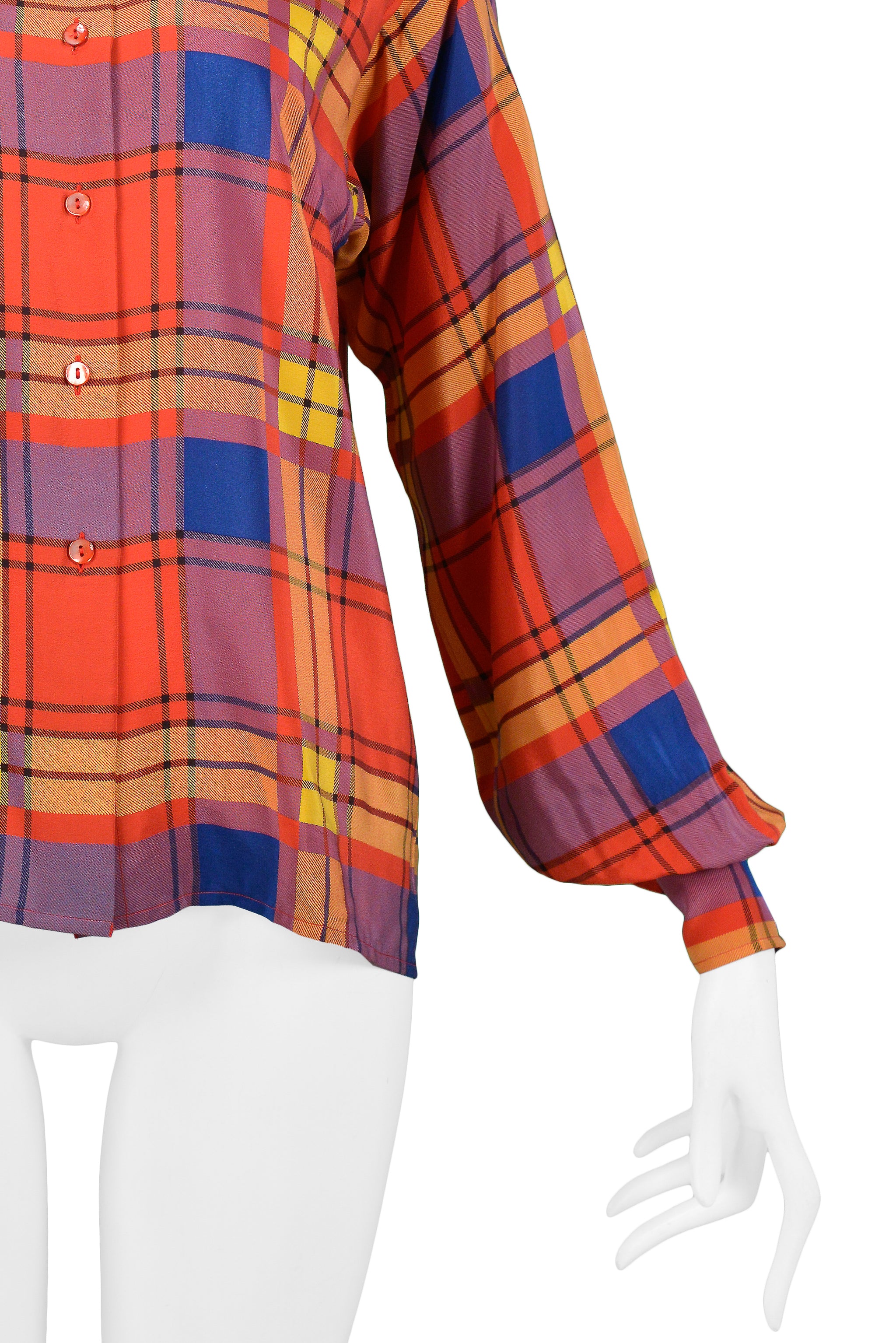 YVES SAINT LAURENT YSL MULTICOLOR PLAID SILK BLOUSE 1980s