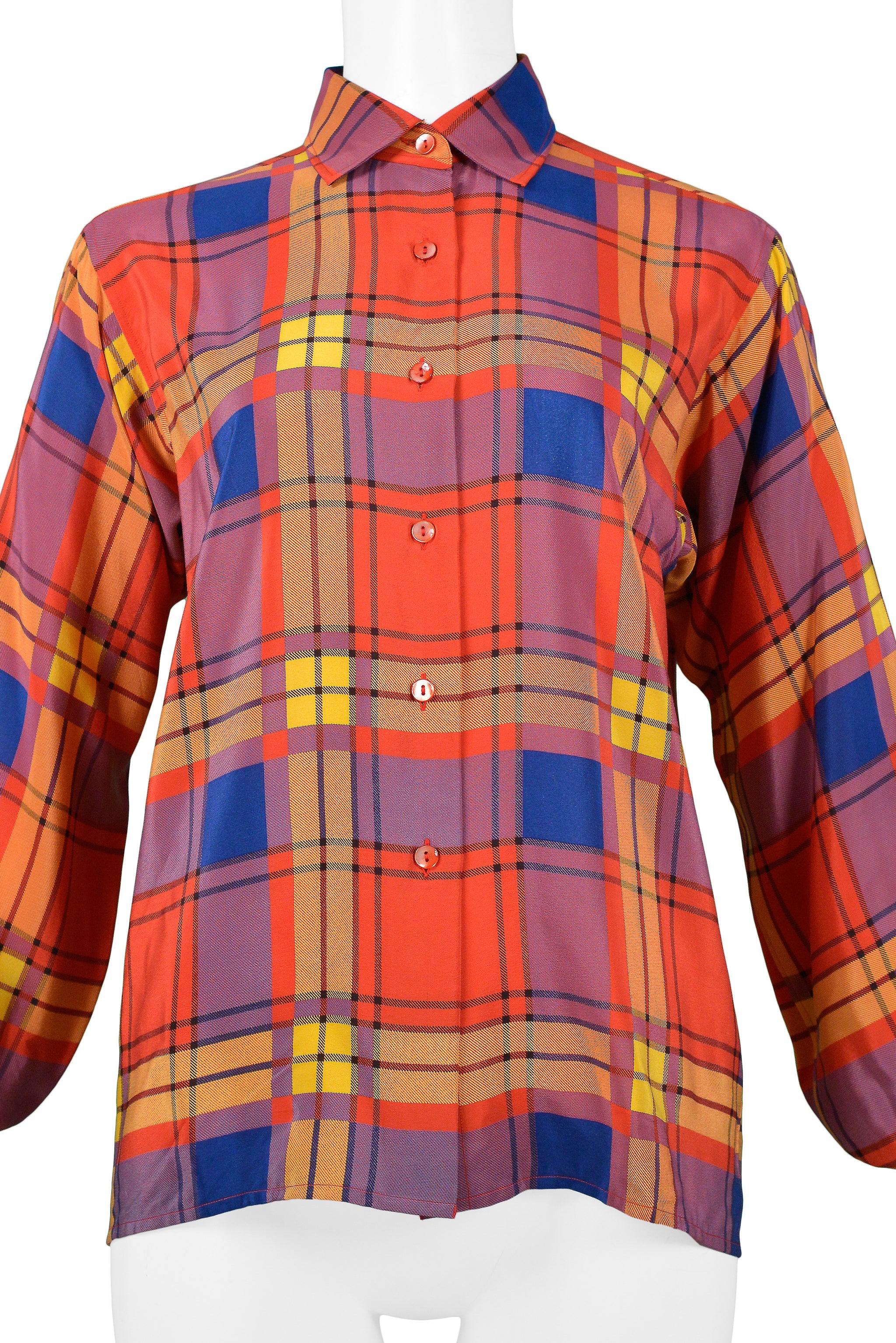 YVES SAINT LAURENT YSL MULTICOLOR PLAID SILK BLOUSE 1980s