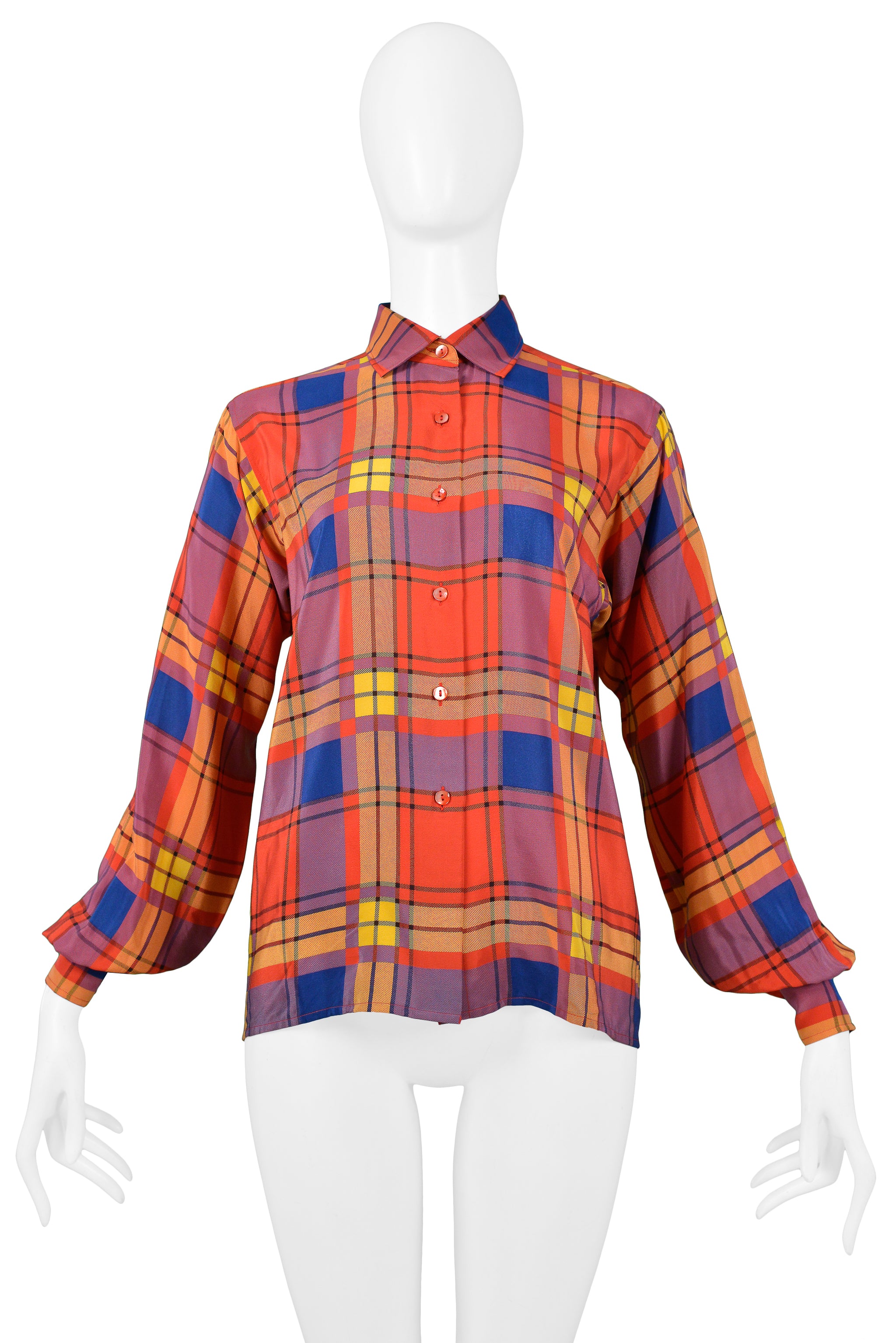 YVES SAINT LAURENT YSL MULTICOLOR PLAID SILK BLOUSE 1980s