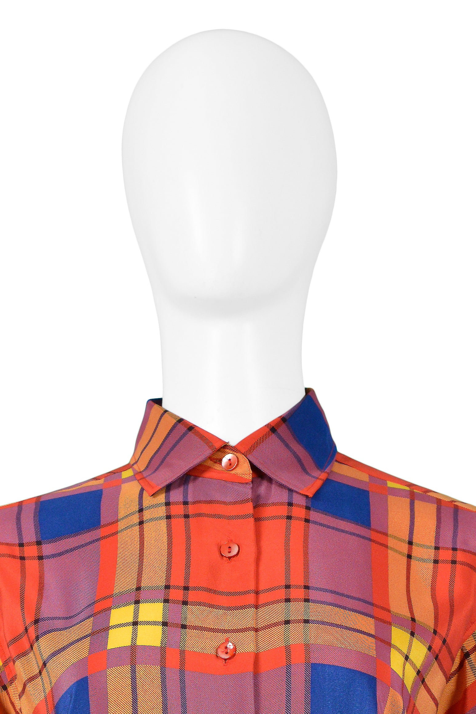 YVES SAINT LAURENT YSL MULTICOLOR PLAID SILK BLOUSE 1980s