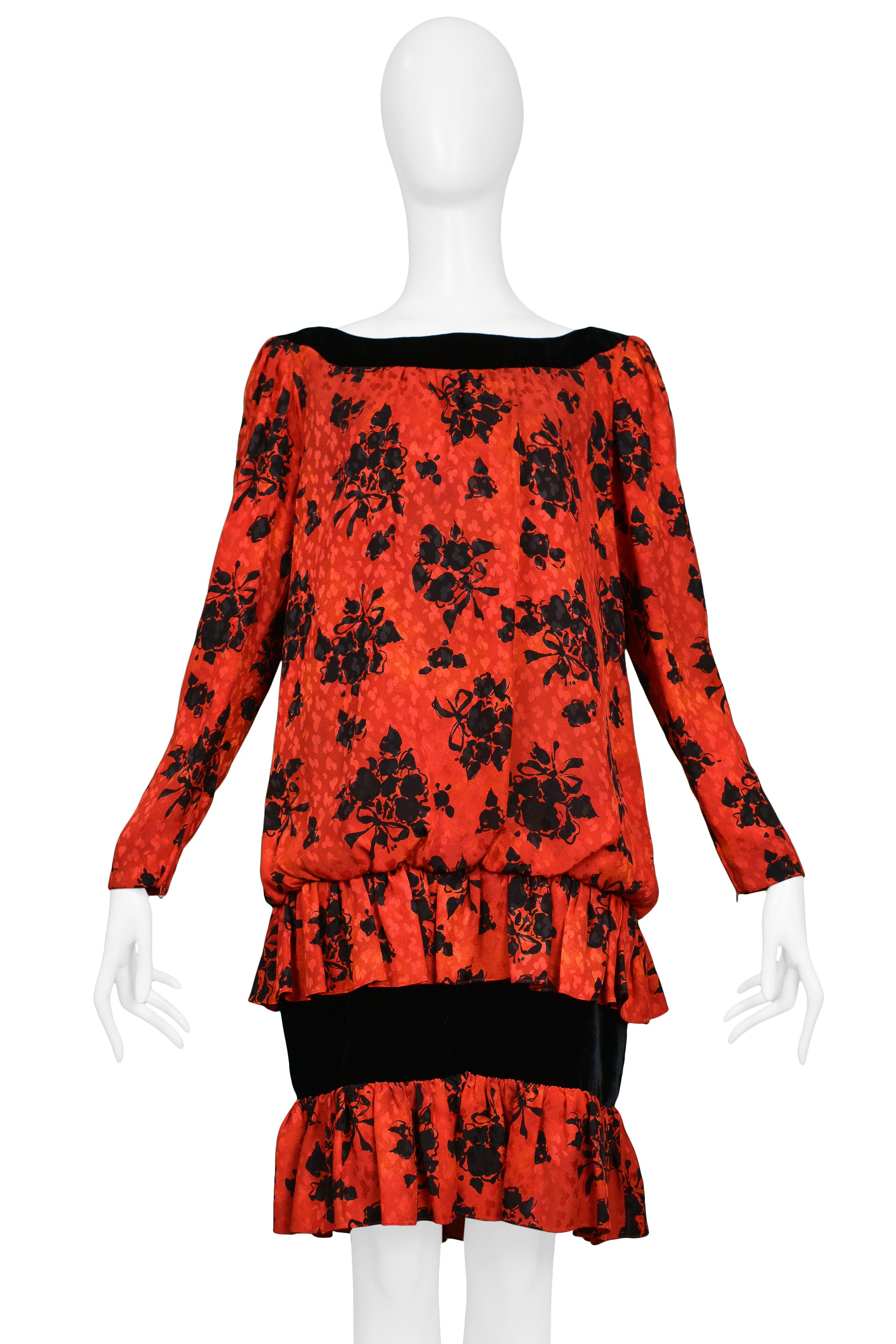 YVES SAINT LAURENT YSL RED & BLACK FLORAL PRINT DROP DRESS 1980s