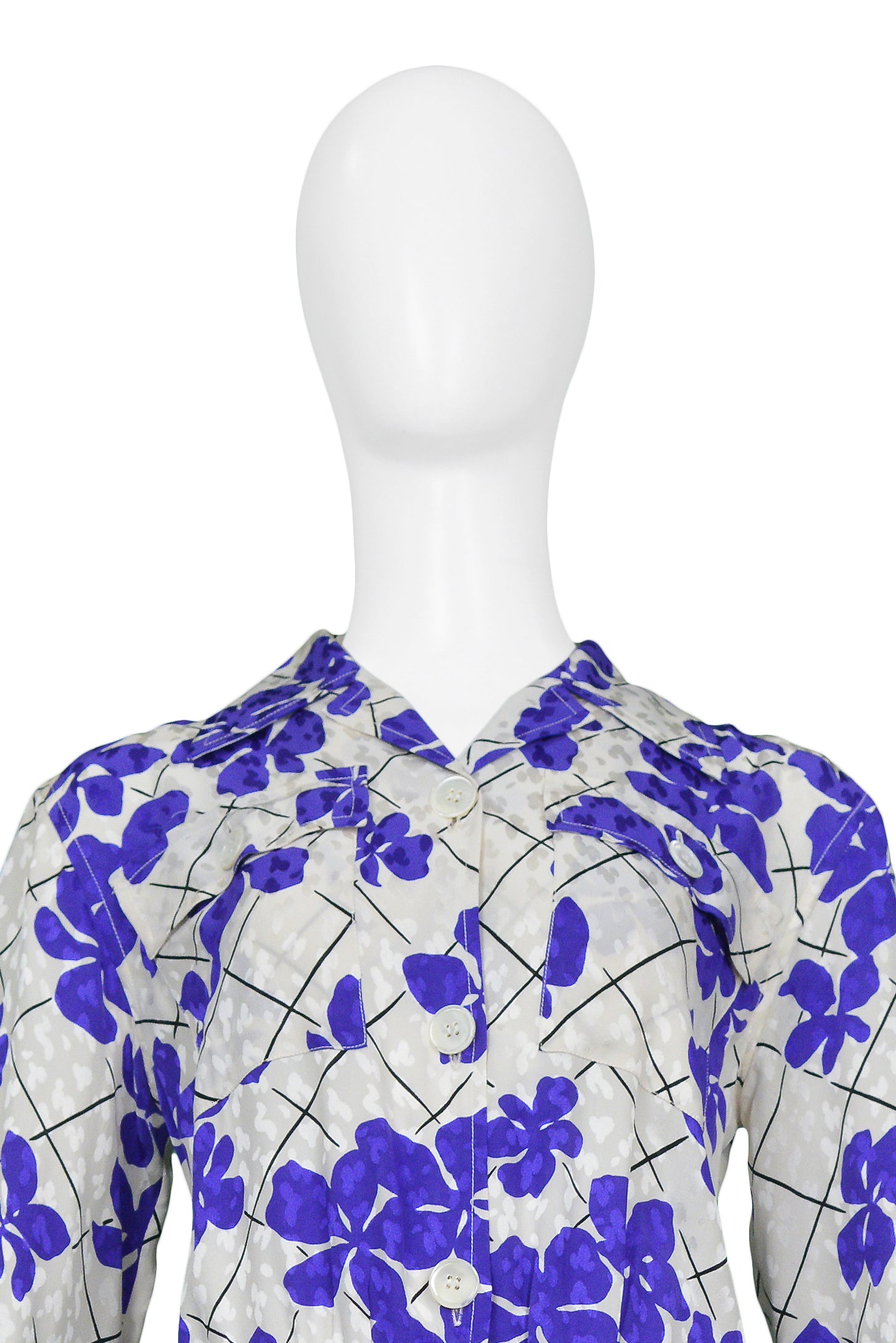 YVES SAINT LAURENT YSL WHITE & PURPLE FLORAL SILK DAY DRESS