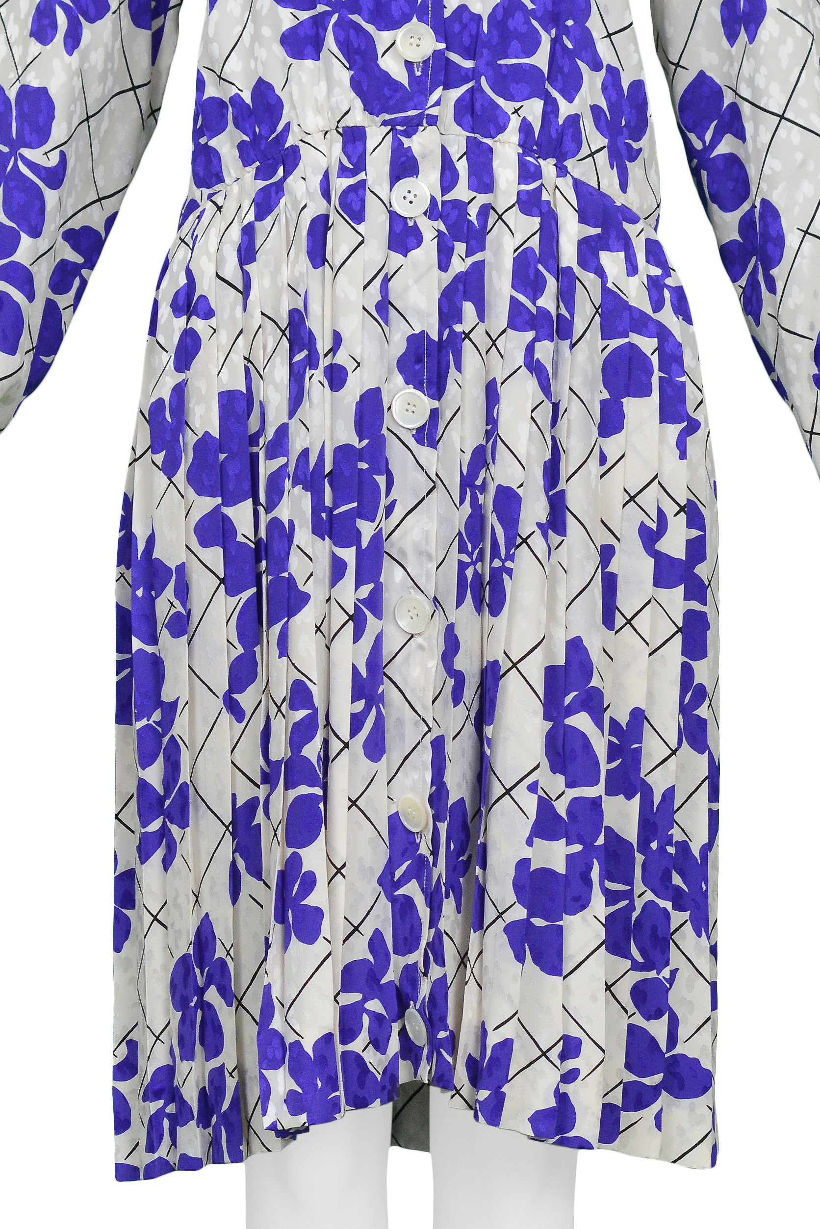 YVES SAINT LAURENT YSL WHITE & PURPLE FLORAL SILK DAY DRESS