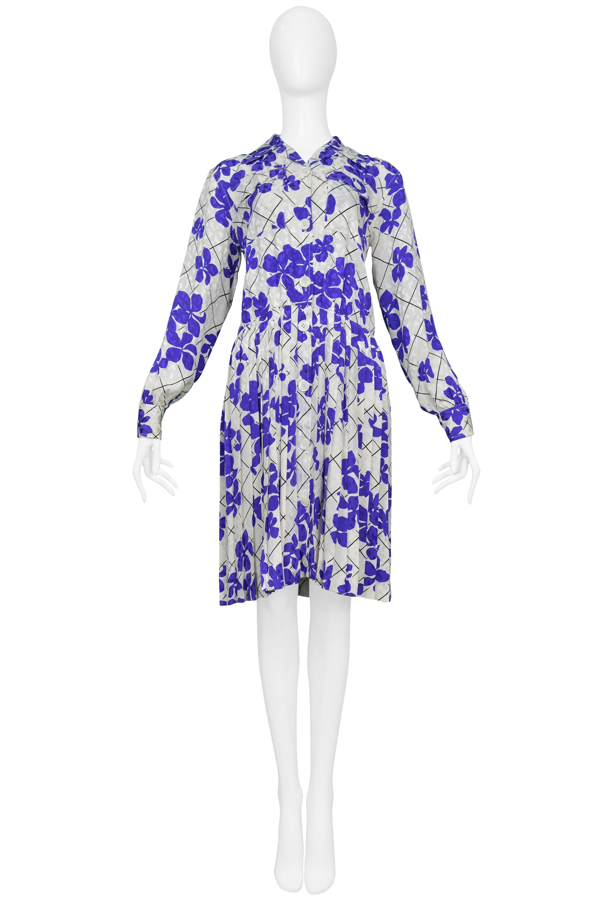 YVES SAINT LAURENT YSL WHITE & PURPLE FLORAL SILK DAY DRESS