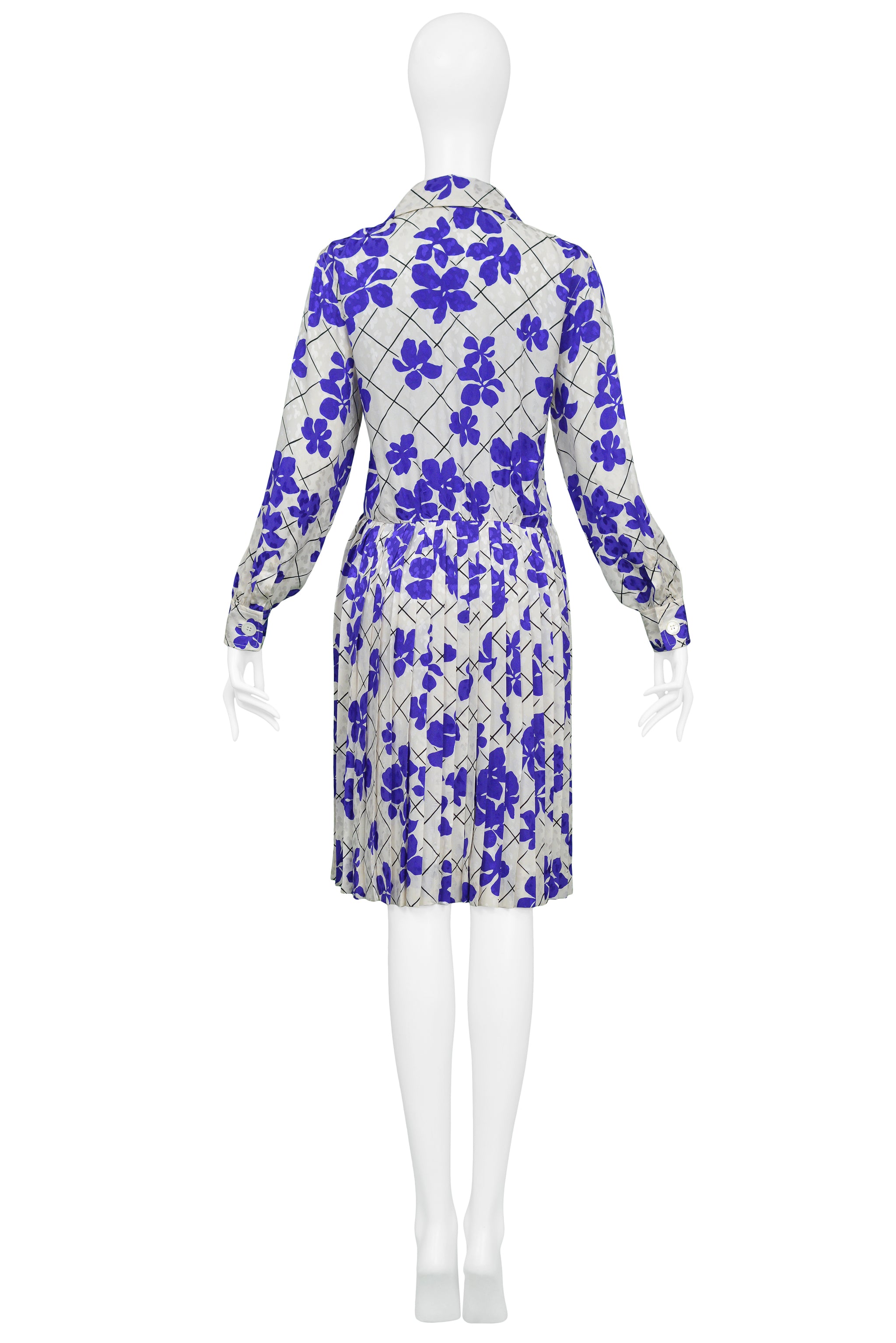 YVES SAINT LAURENT YSL WHITE & PURPLE FLORAL SILK DAY DRESS