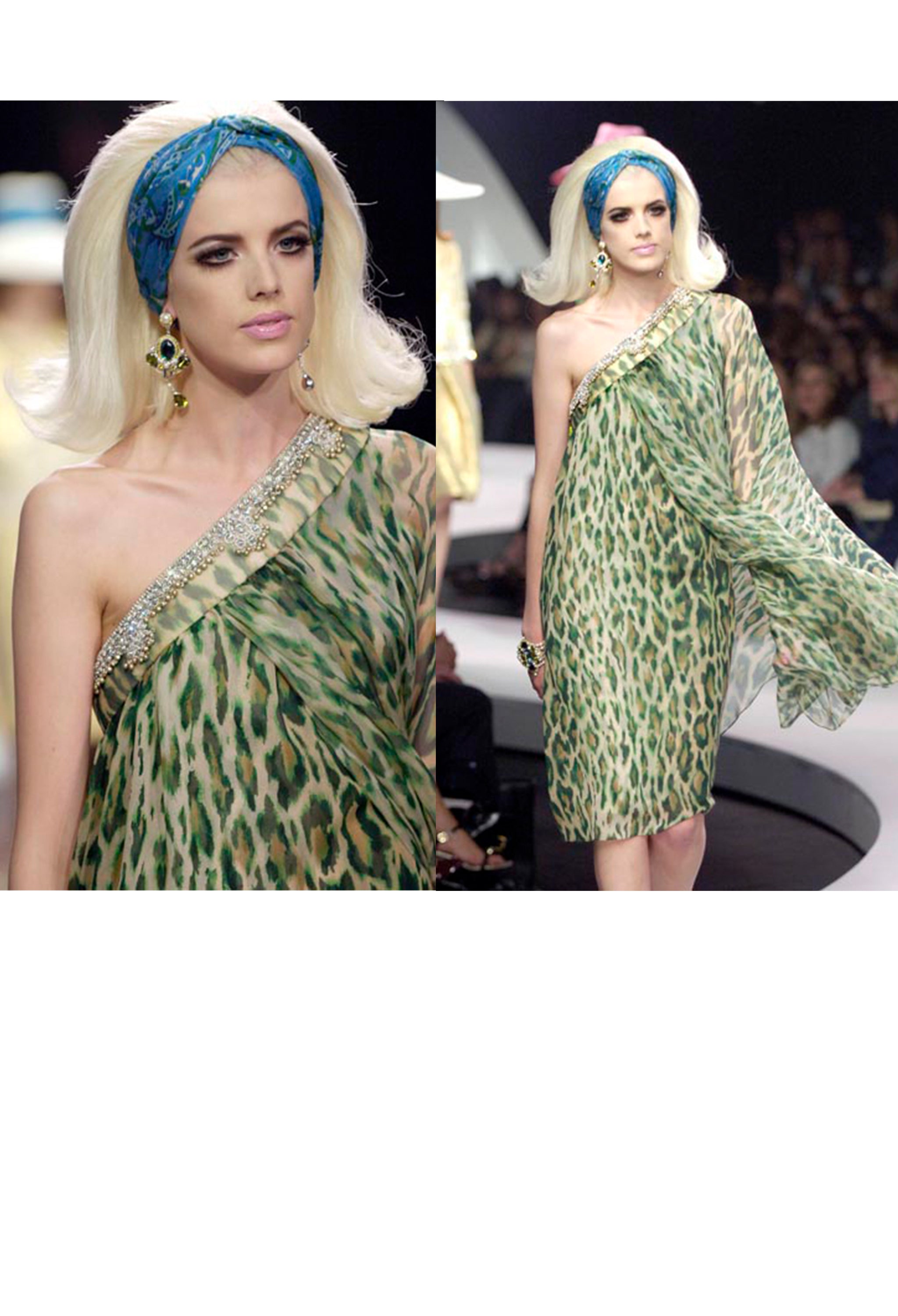 CHRISTIAN DIOR GREEN LEOPARD ONE SHOULDER SARI DRESS 2008