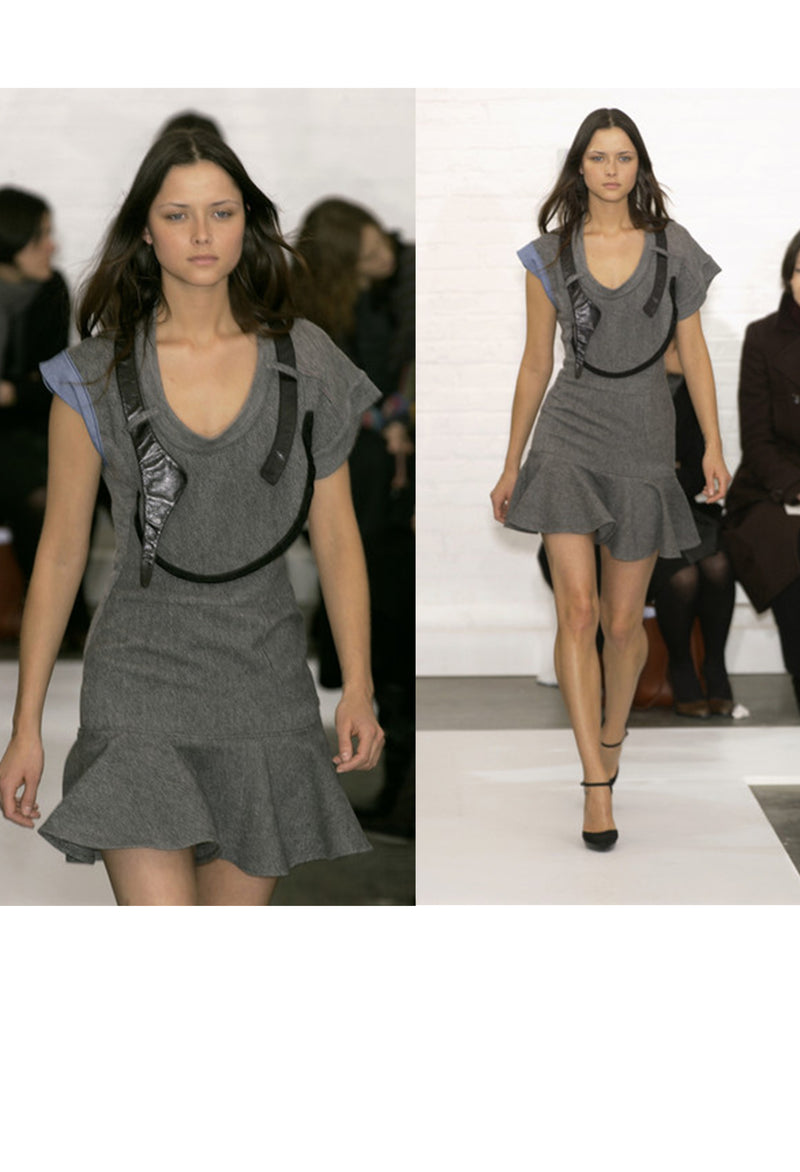 BALENCIAGA GREY WOOL & BLACK LEATHER CUBIST DRESS 2002