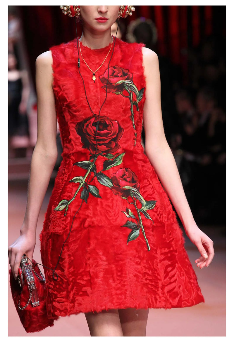 DOLCE & GABBANA  RED FUR DRESS WITH ROSE APPLIQUES 2015